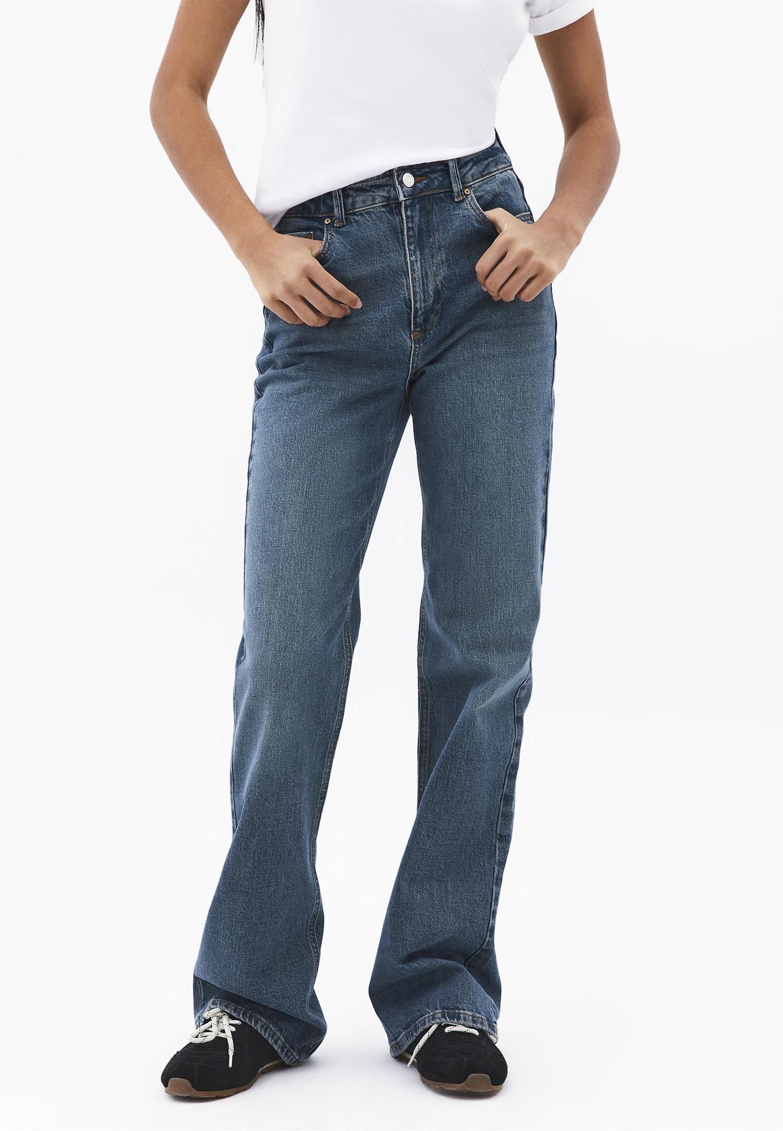Ultra High Waist Five Pocket Straight Leg Pants - MID GREEN DENIM