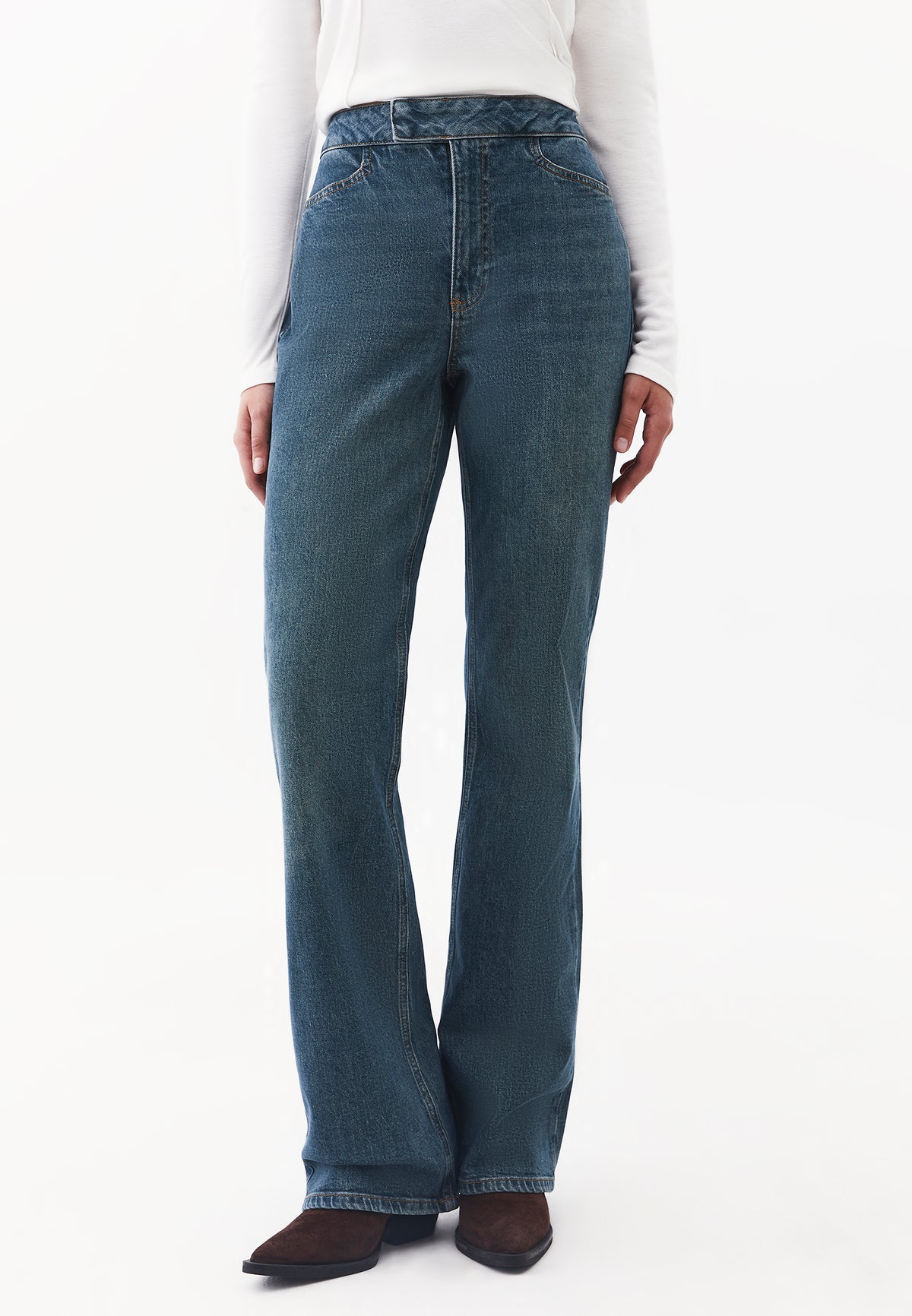 Wide Leg Ultra High Waist Long Pants - MID GREEN DENIM