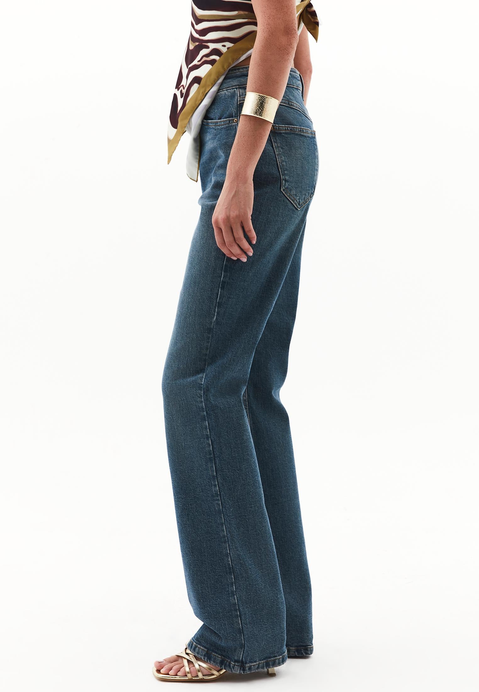 Ultra High Waist Straight Leg Denim Pants - MID GREEN DENIM