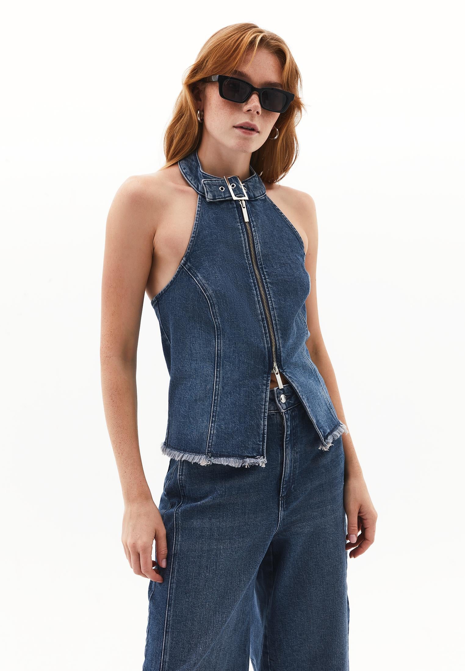 Halter Neck Zipper Detailed Standard Blouse - MID GREEN DENIM