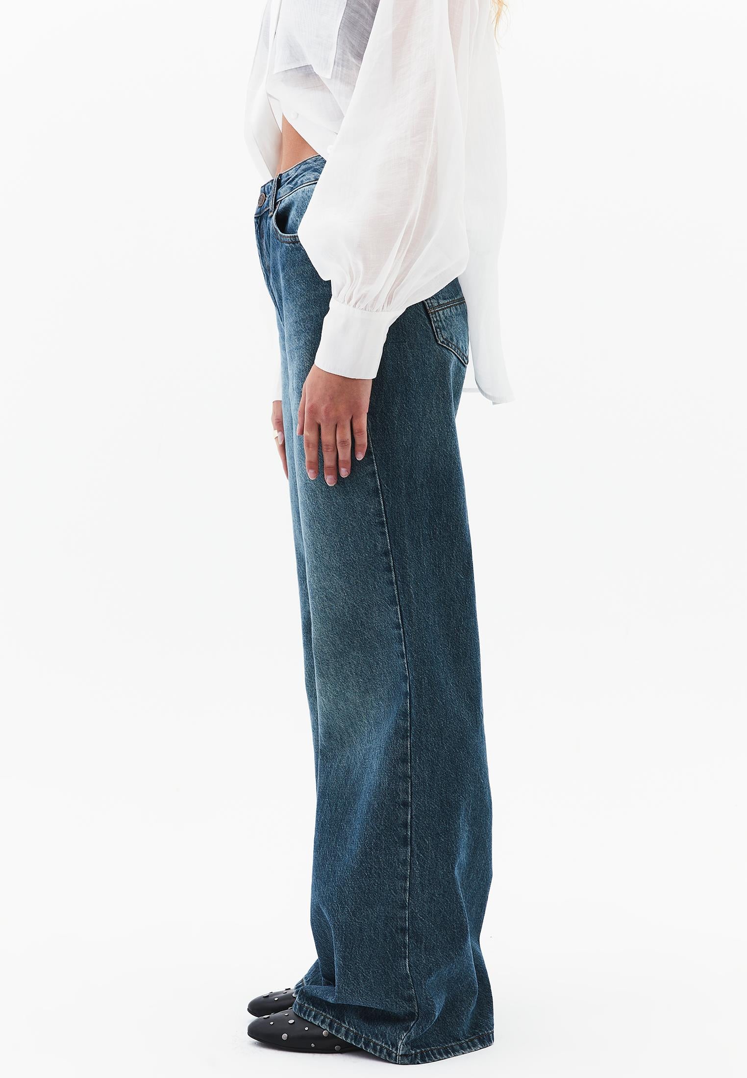 Trousers With Pockets High Waist Wide Leg - MID GREEN DENIM