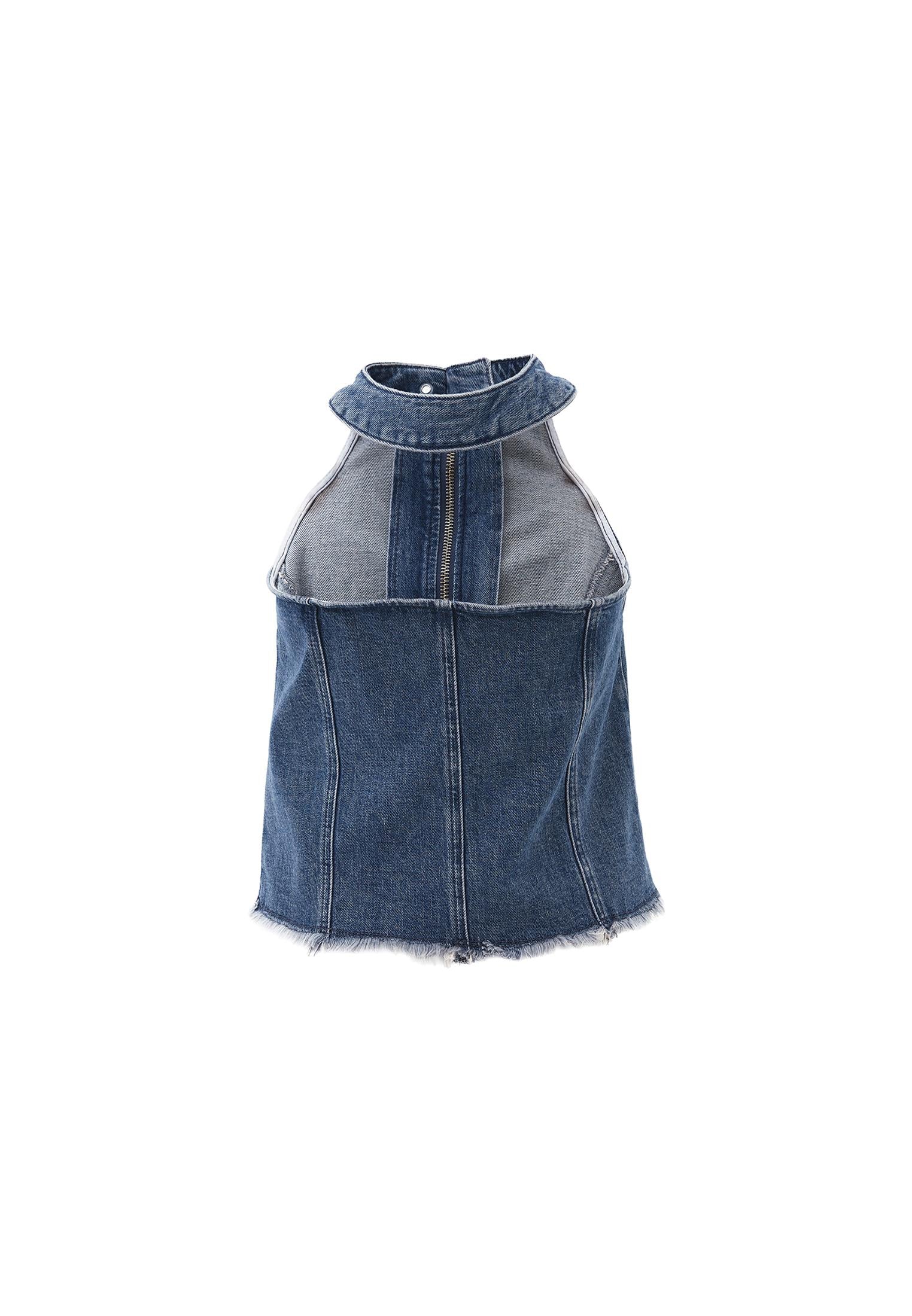 Halter Neck Zipper Detailed Standard Blouse - MID GREEN DENIM