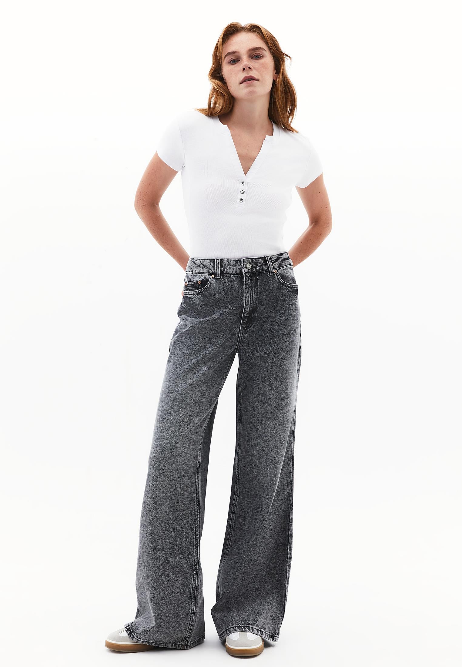Wide Leg High Waist Pocket Detailed Denim Pants - MID GREY DENIM