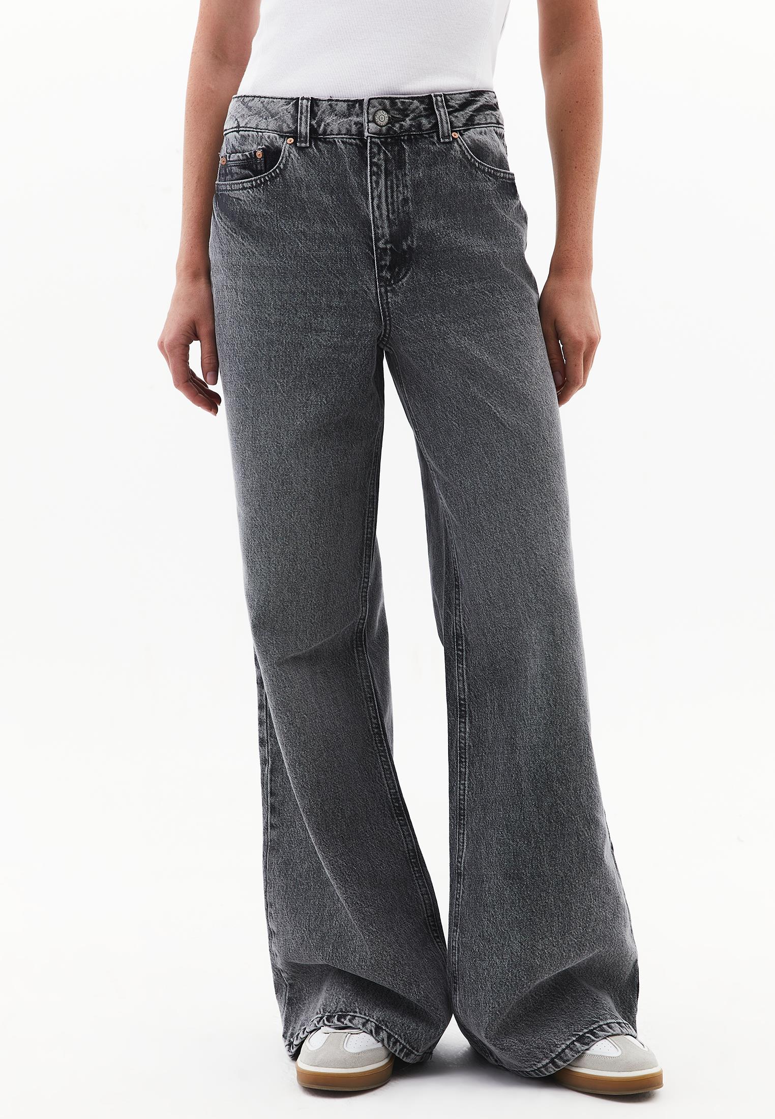 Wide Leg High Waist Pocket Detailed Denim Pants - MID GREY DENIM
