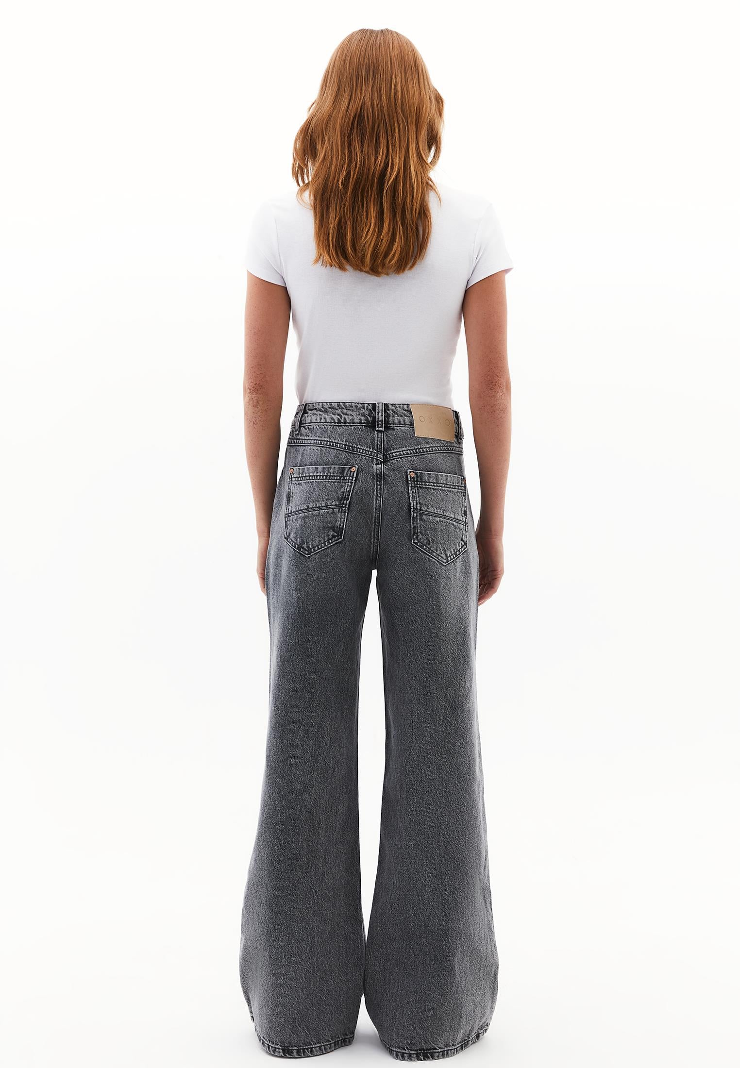 Wide Leg High Waist Pocket Detailed Denim Pants - MID GREY DENIM