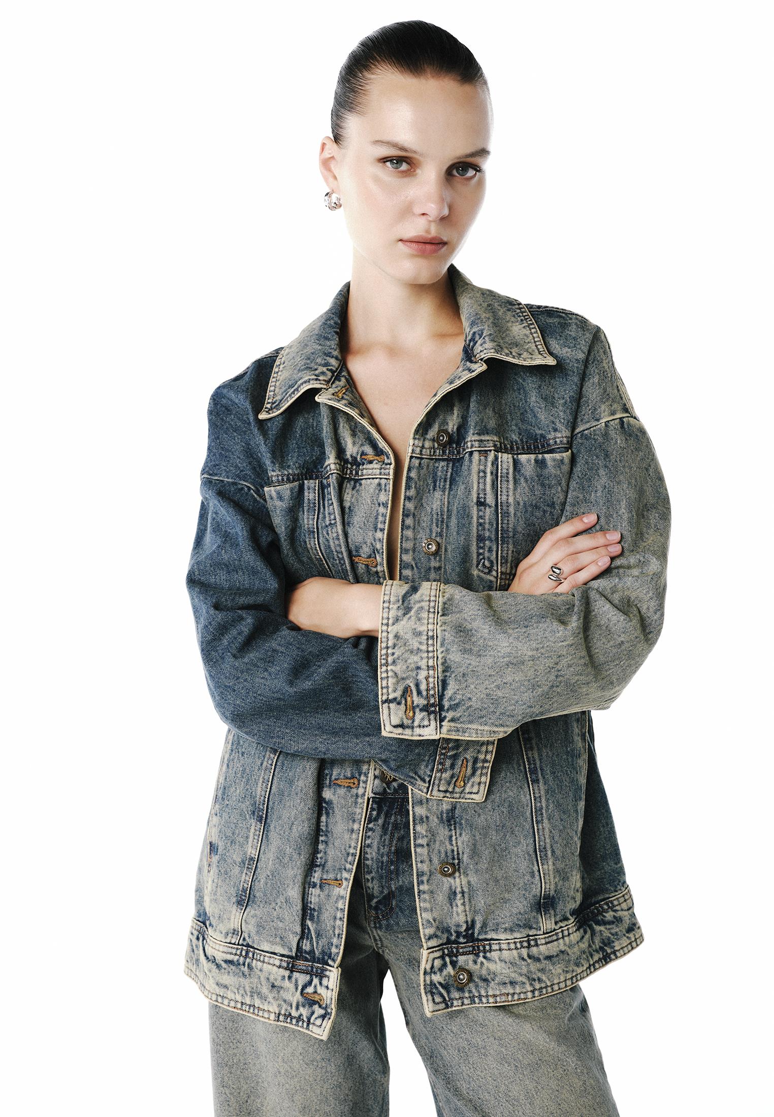 Oversize Tunic Denim Jacket - MID SAND DENIM