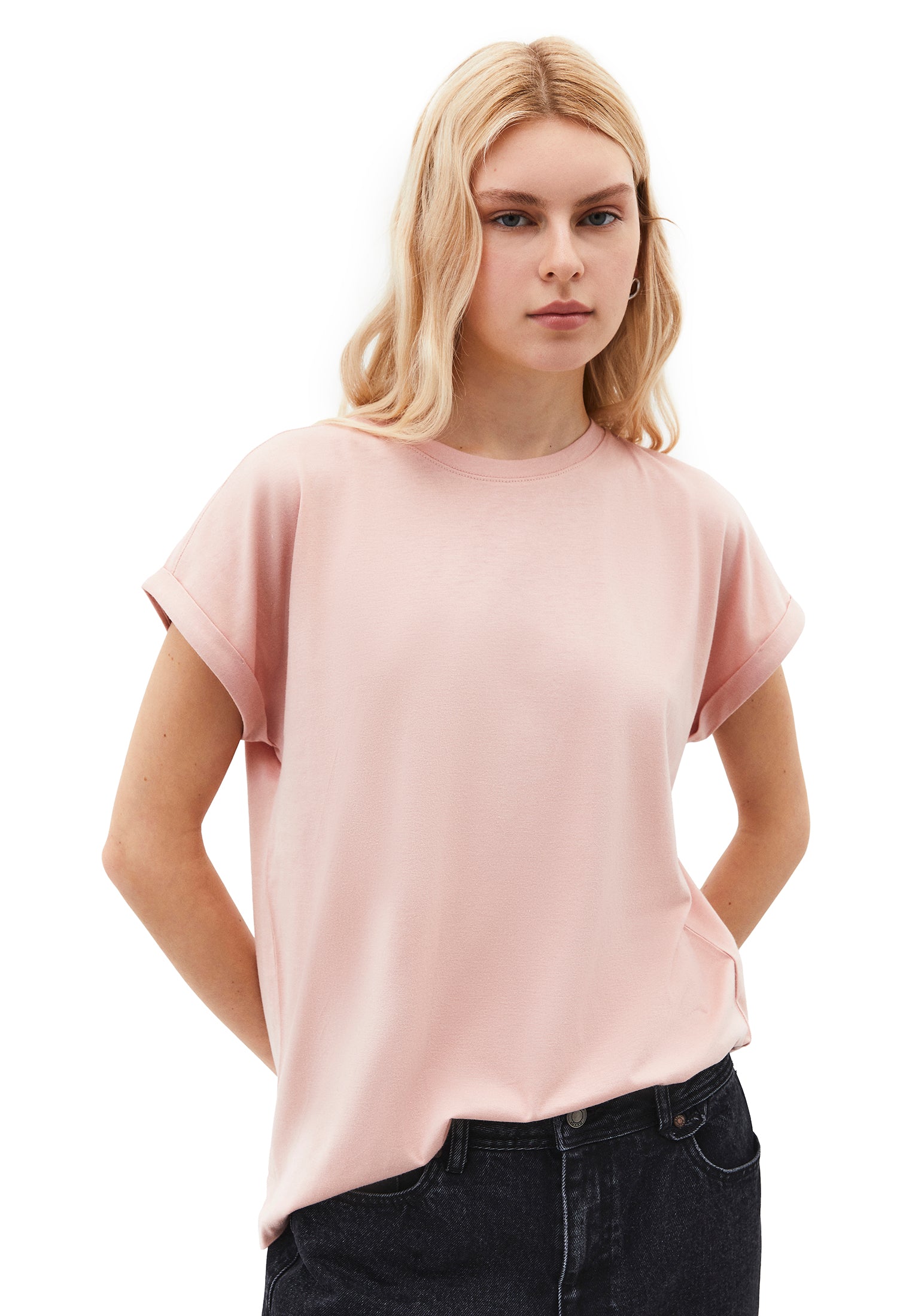 Boat Neck Loose Fit Short Sleeve T-Shirt - MISTY ROSE