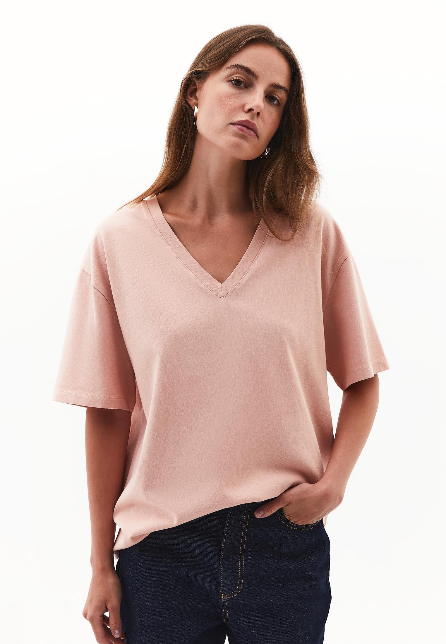 V Neck Boyfriend T-Shirt - MISTY ROSE