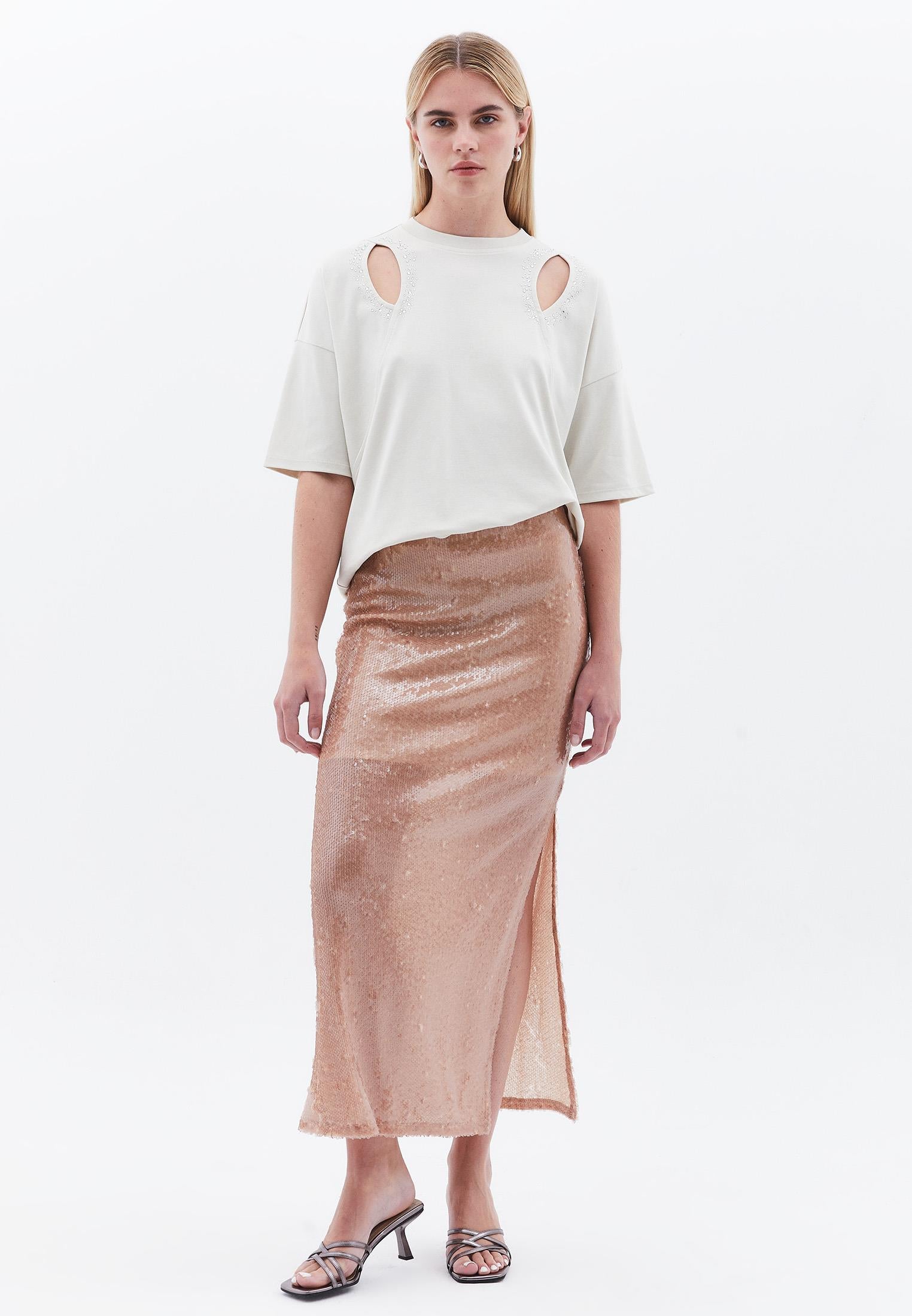 Ultra High Waist Sequin And Shiny Midi Skirt - MISTY ROSE