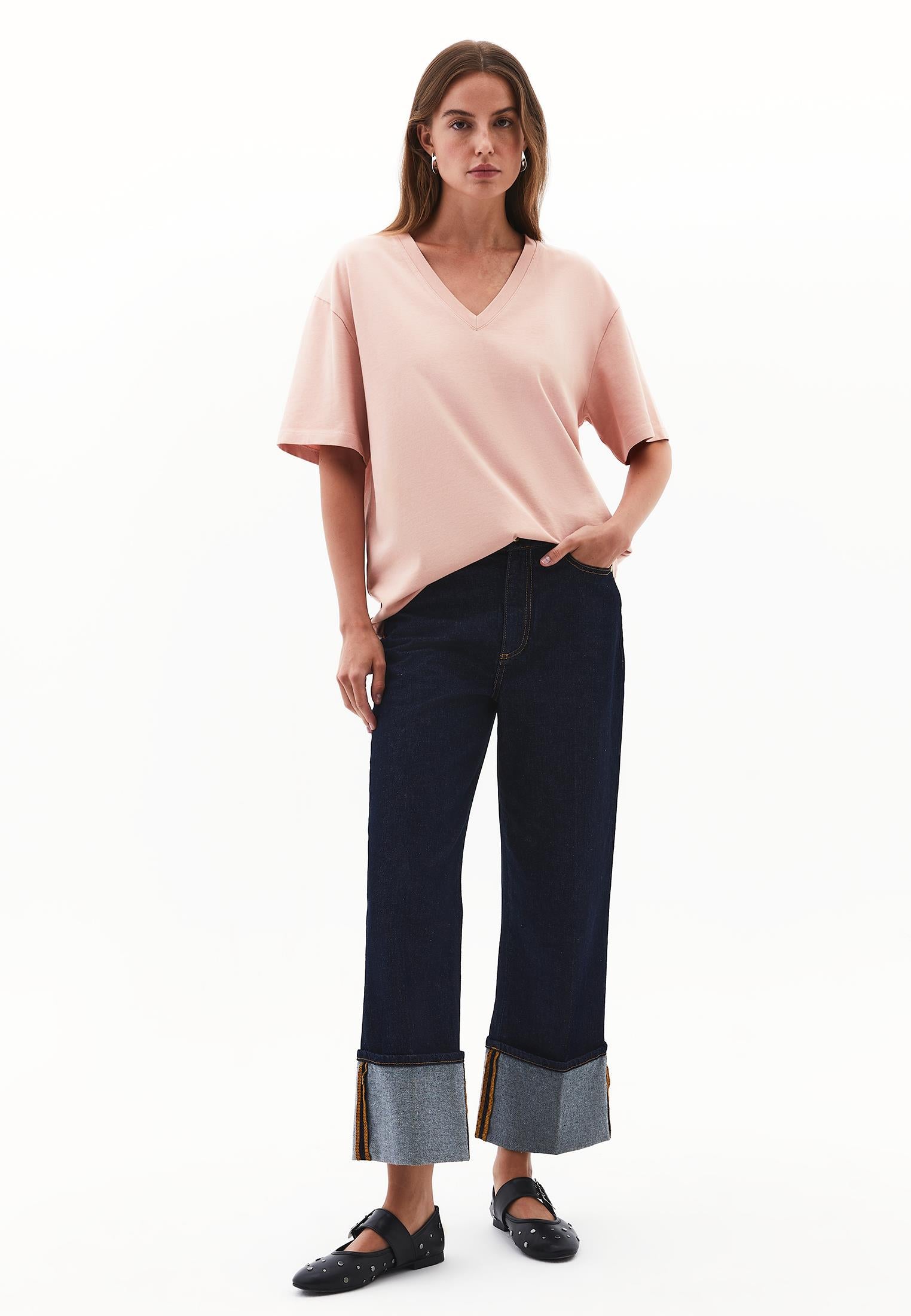 V Neck Boyfriend T-Shirt - MISTY ROSE