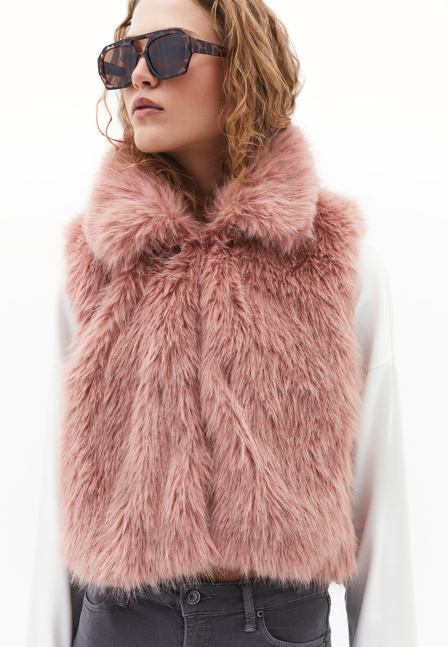 V Neck Faux Fur Vest - MISTY ROSE