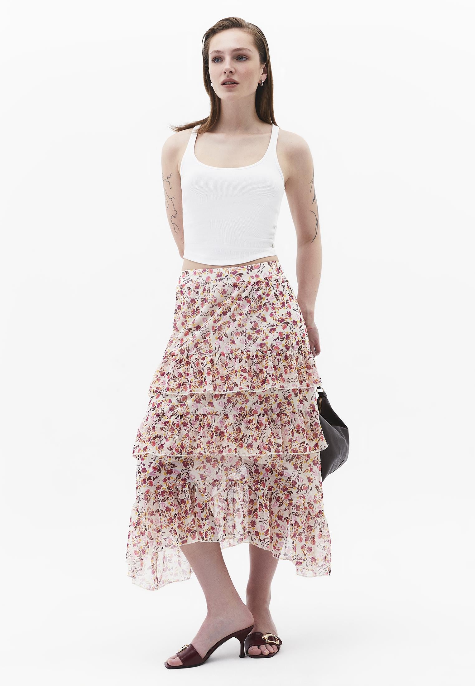 Long High Waist Printed Ruffled Skirt - MIX COMB