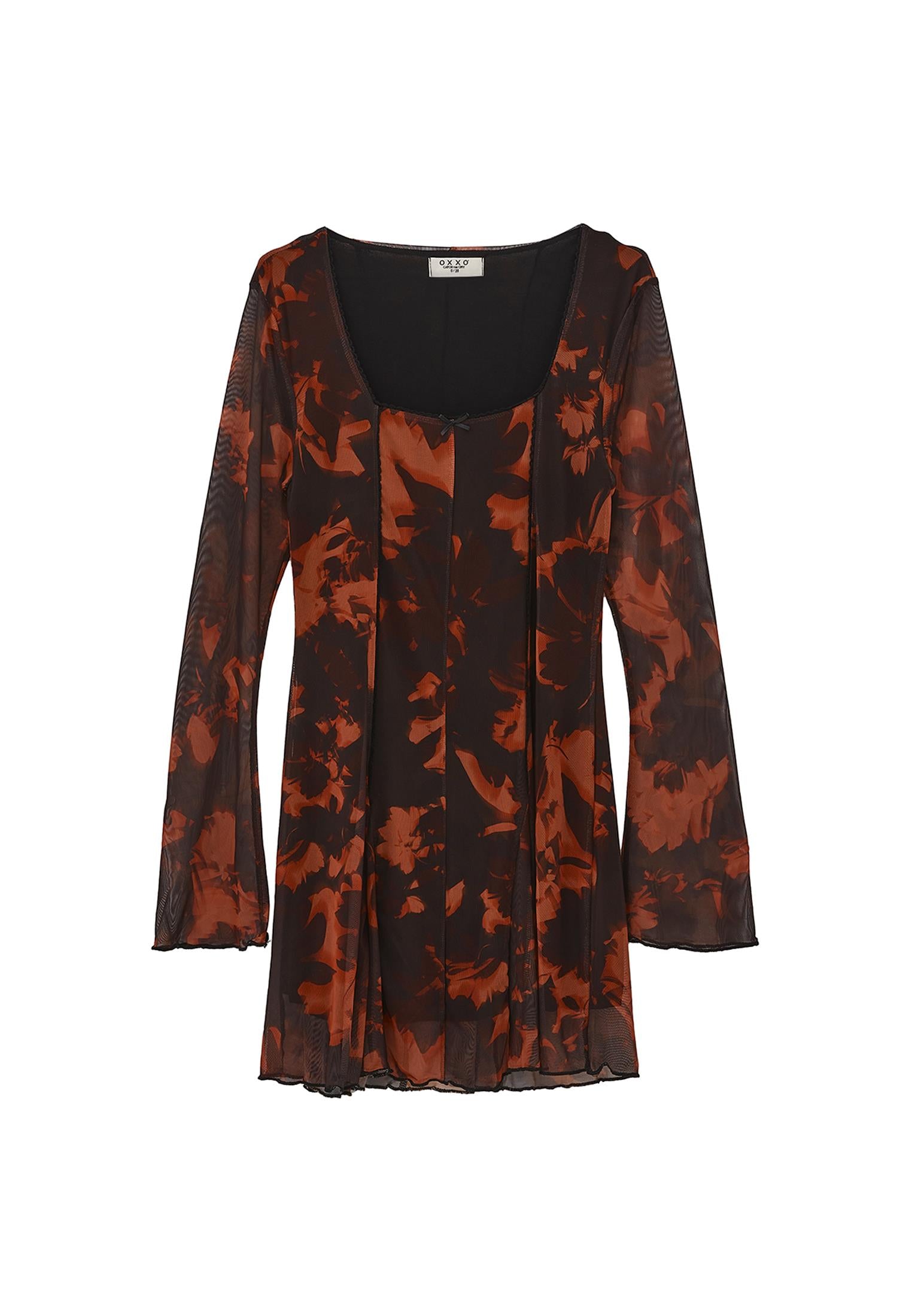 Square Neck Flared Long Sleeve Dress - MIX COMB