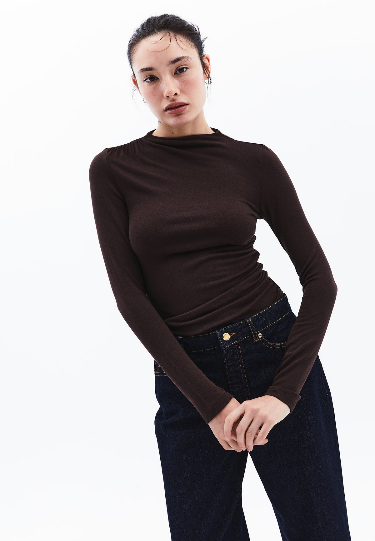 Ruched Long Sleeve High Neck Bodycon T-Shirt - MOLE