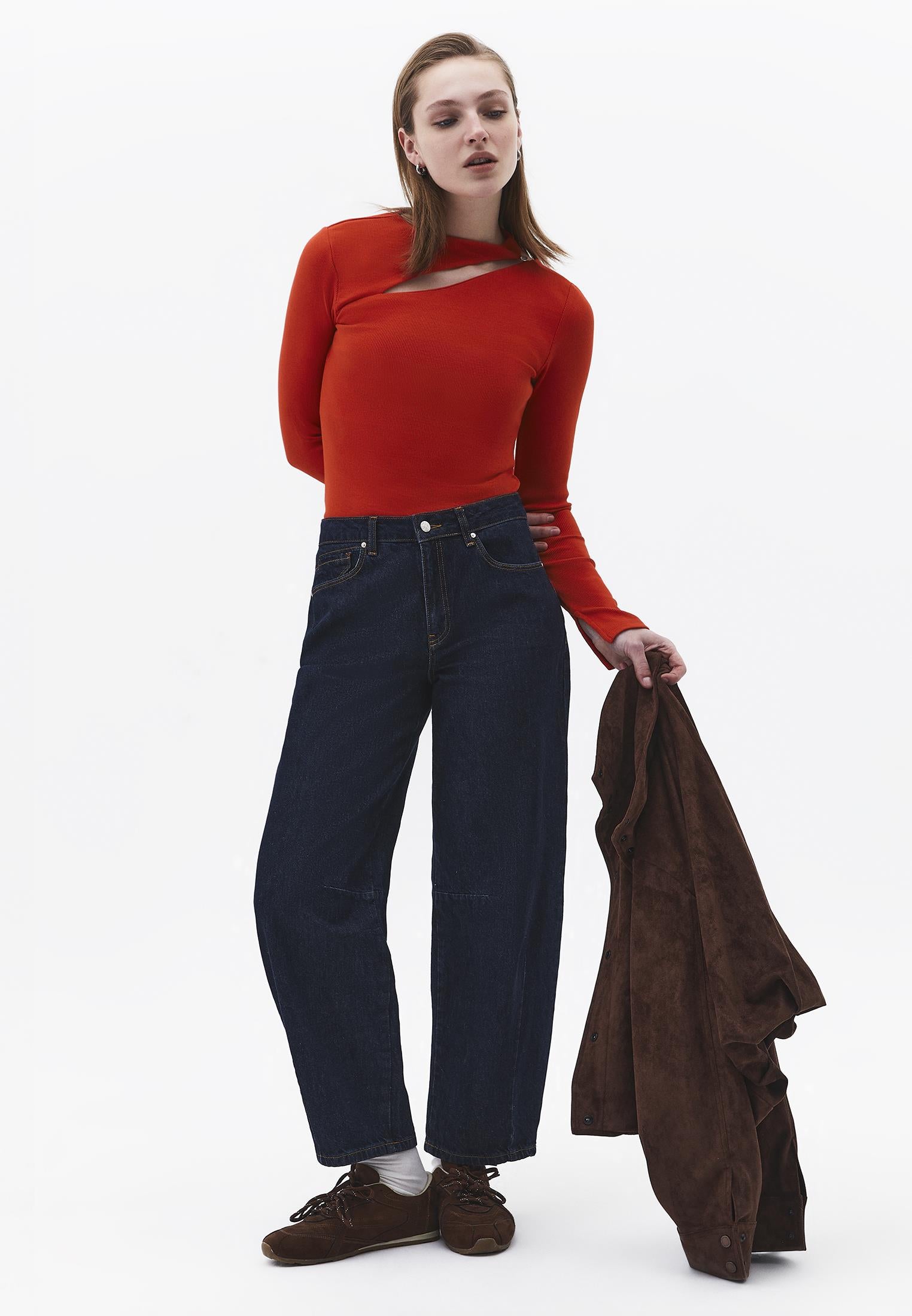Asymmetric Cutout Long Sleeve Bodycon T-Shirt - MOLTEN LAVA