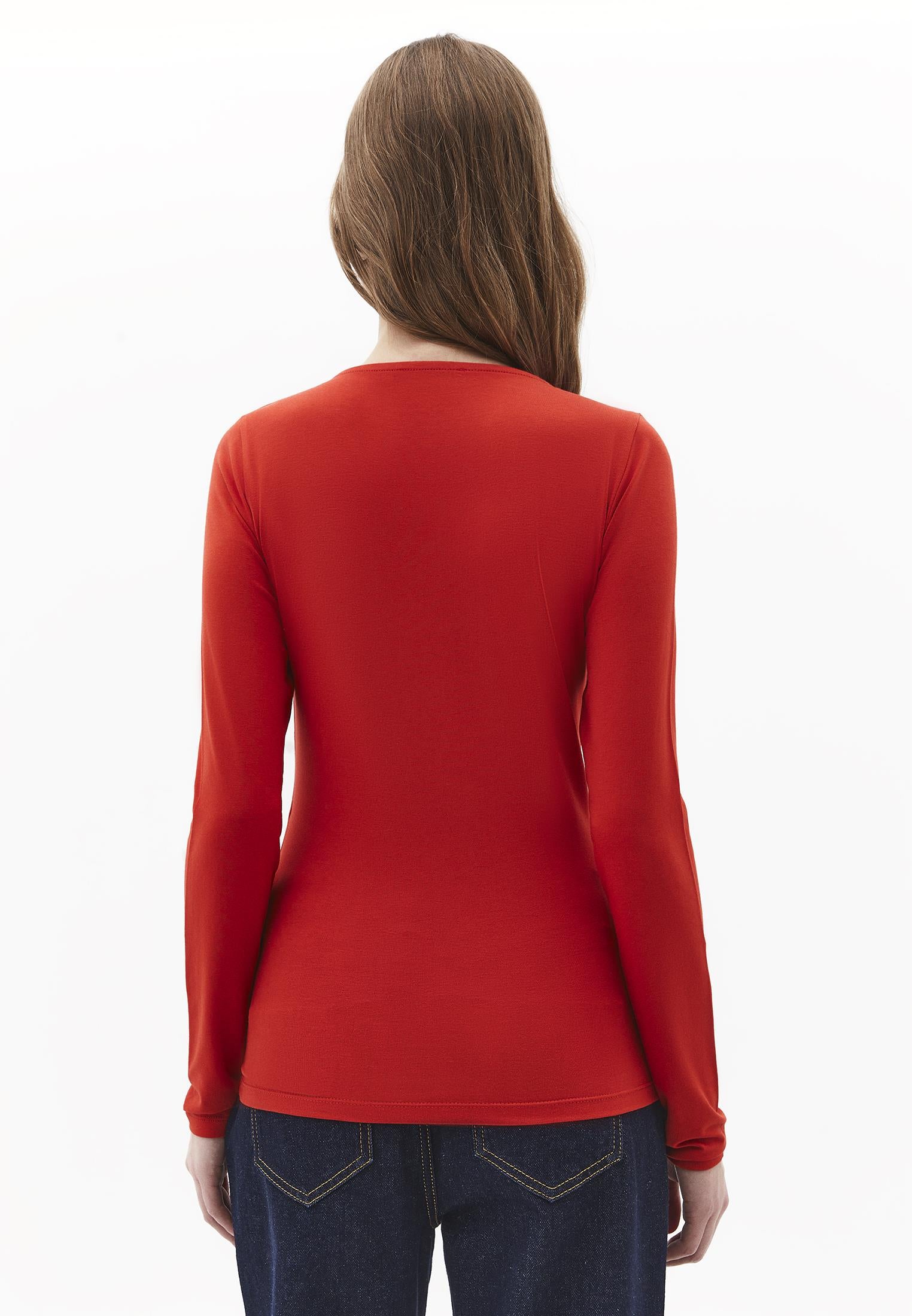 V Neck Long Sleeve Bodycon T-Shirt - MOLTEN LAVA
