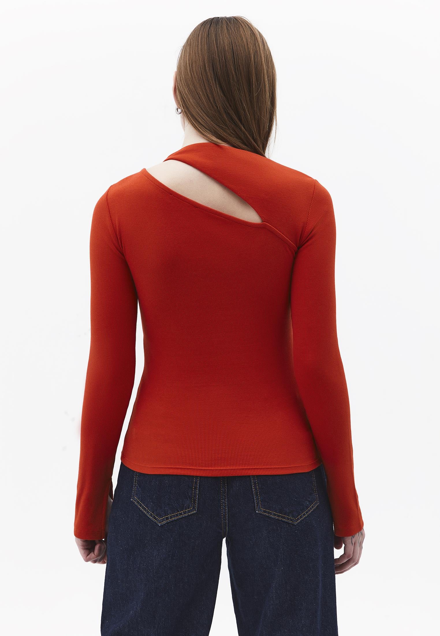 Asymmetric Cutout Long Sleeve Bodycon T-Shirt - MOLTEN LAVA