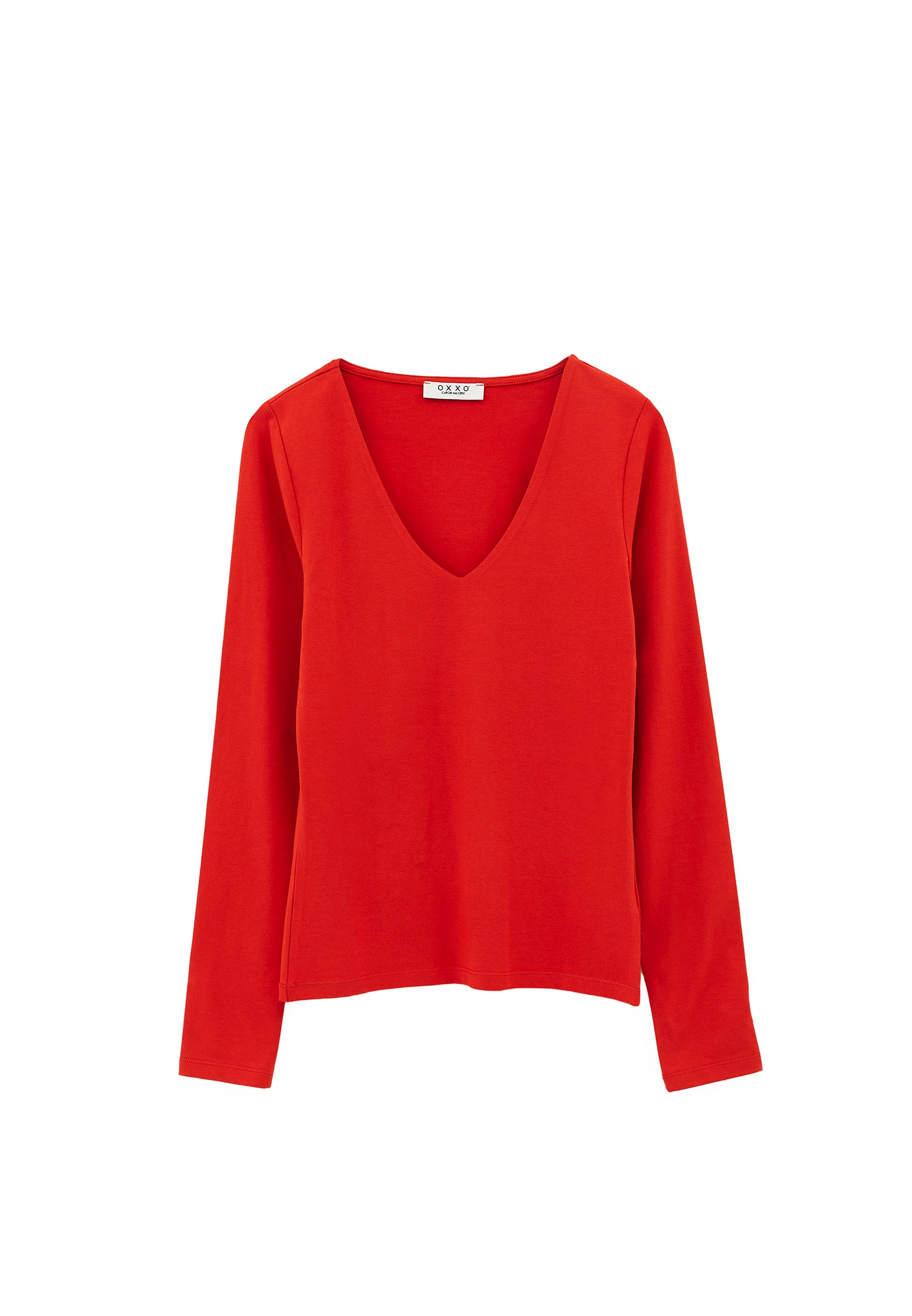 V Neck Long Sleeve Bodycon T-Shirt - MOLTEN LAVA
