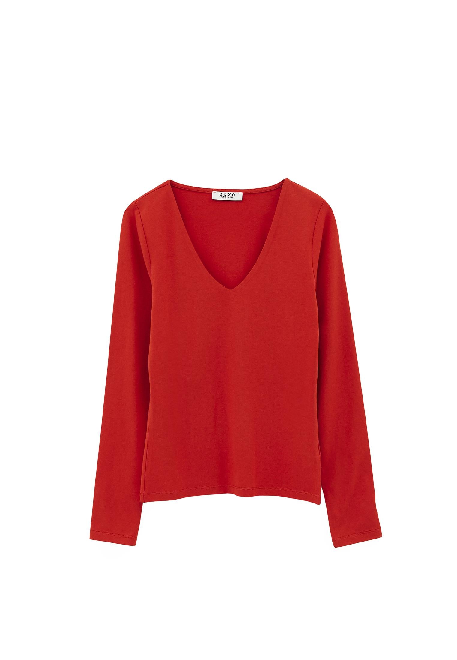 V Neck Long Sleeve Bodycon T-Shirt - MOLTEN LAVA