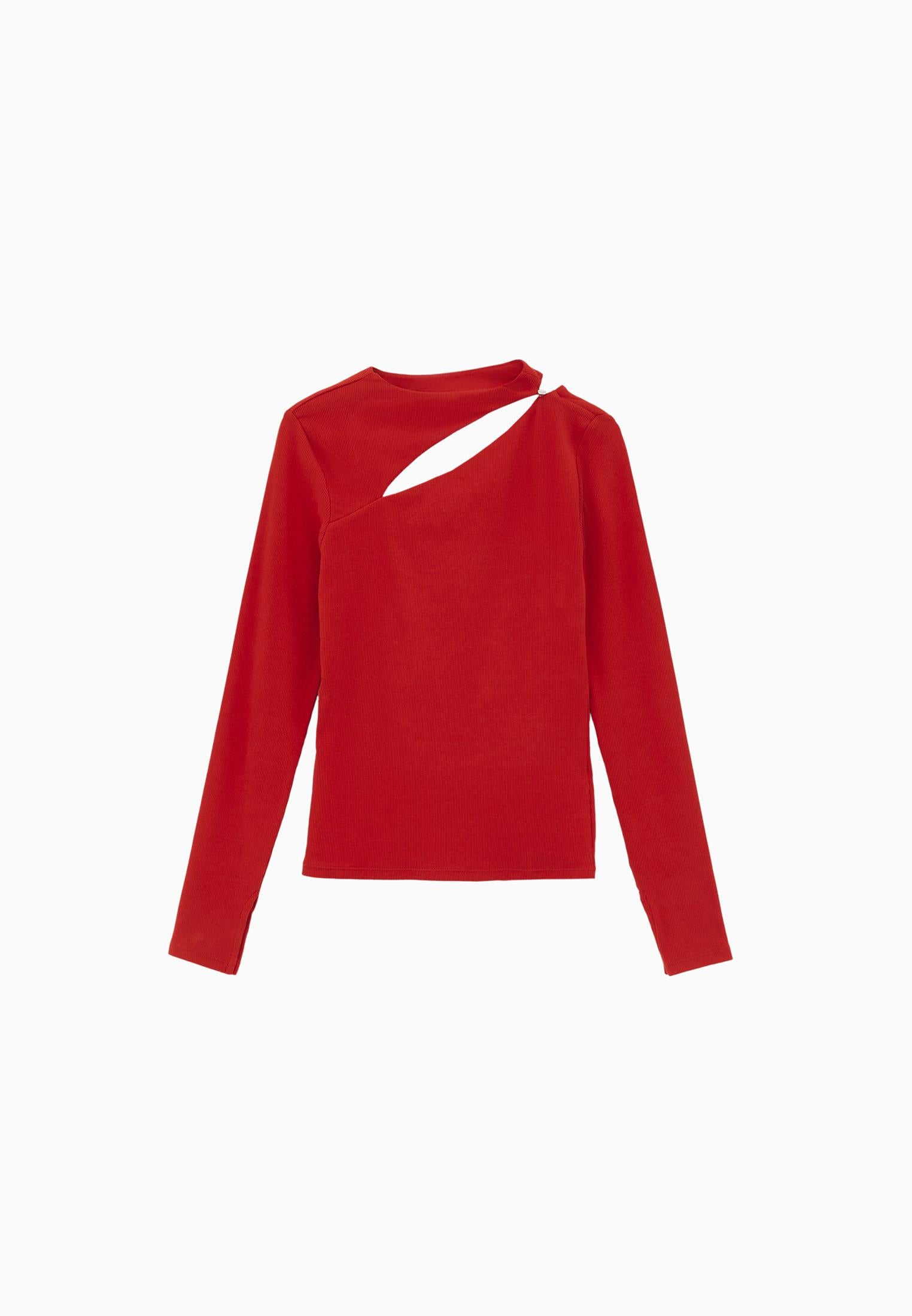 Asymmetric Cutout Long Sleeve Bodycon T-Shirt - MOLTEN LAVA