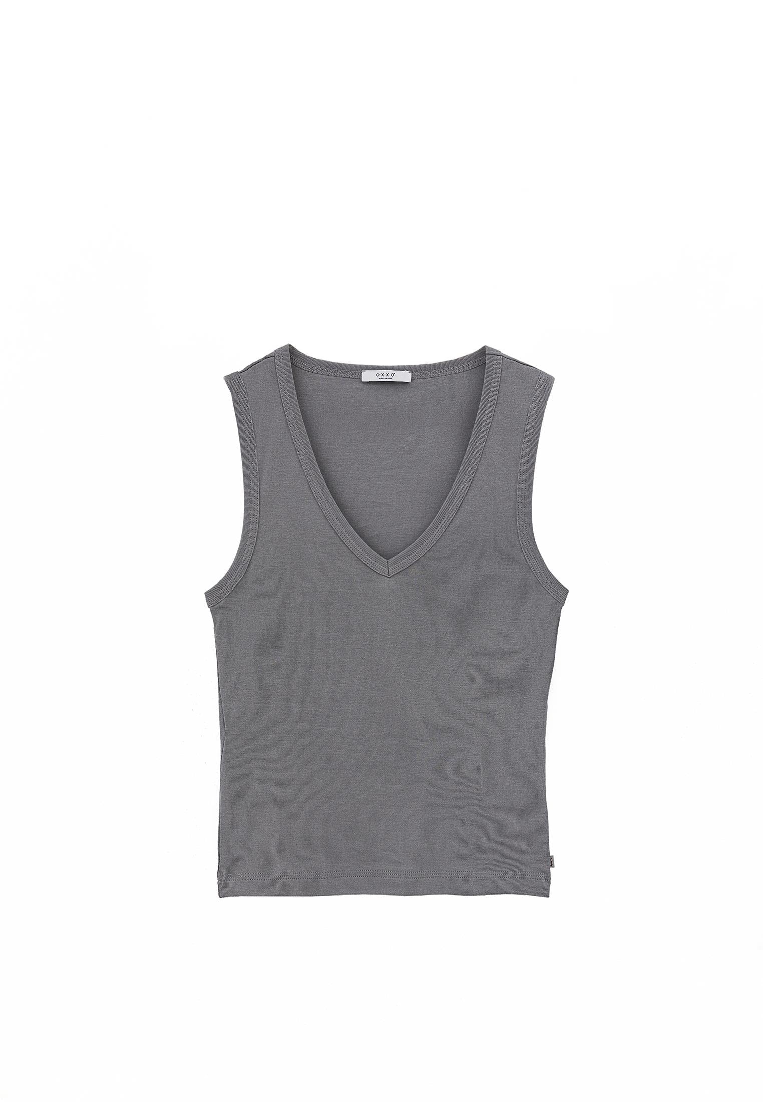 V Neck Bodycon Rib Tank Top - MONUMENT