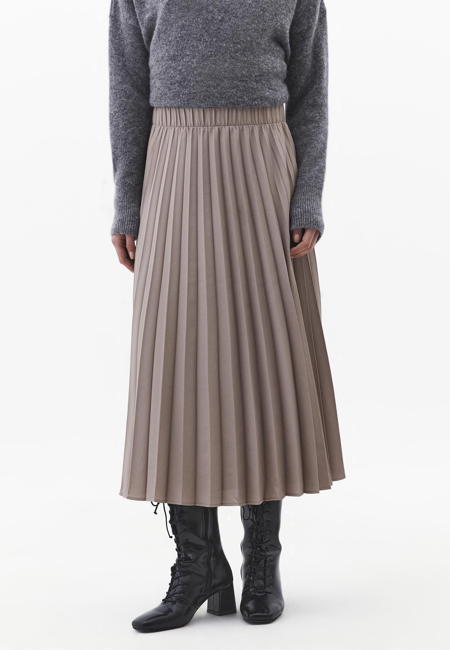 Elastic Waist Pleated Long A-Line Skirt - MOON ROCK