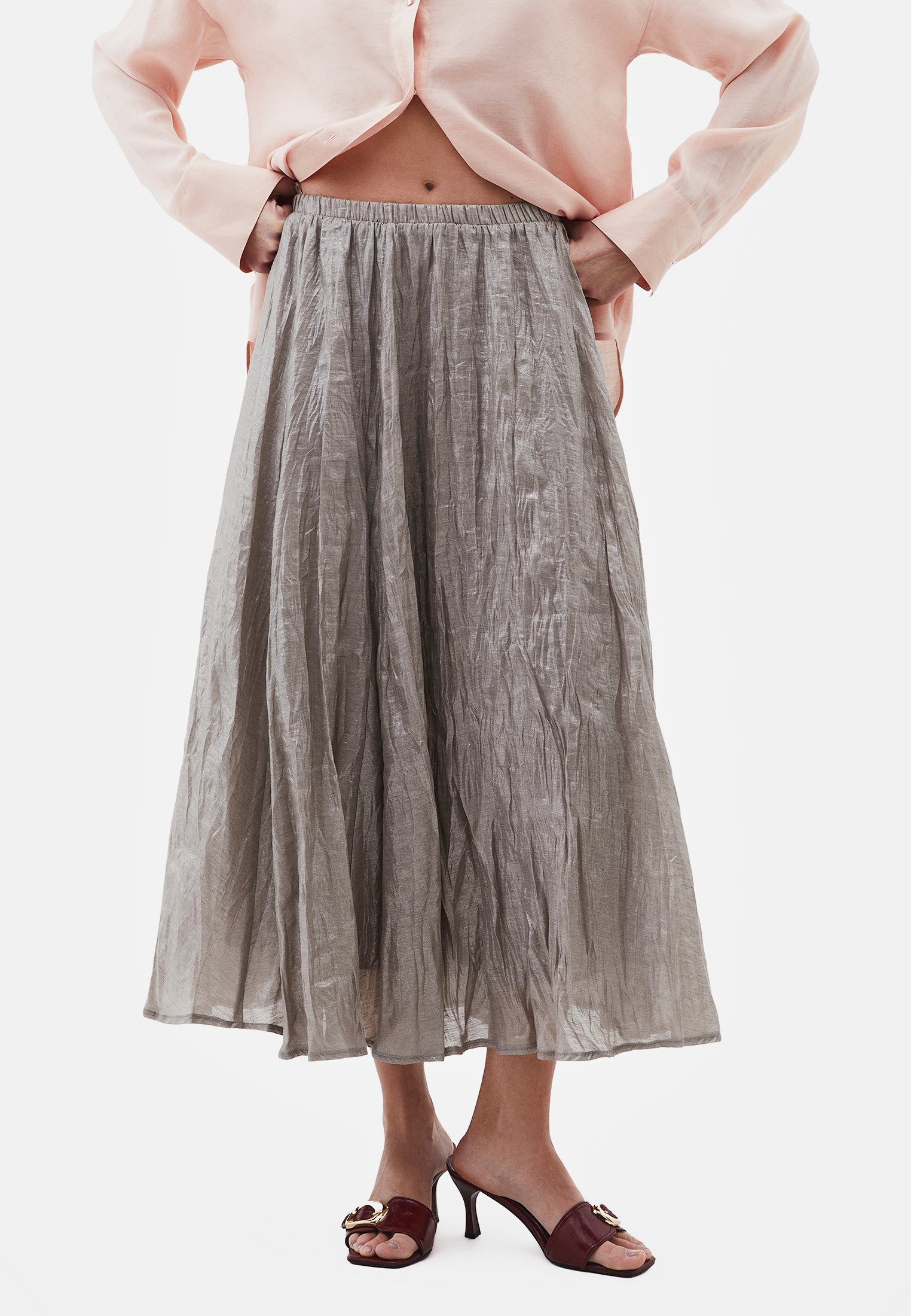 Shiny Flared Long Skirt - MOON ROCK