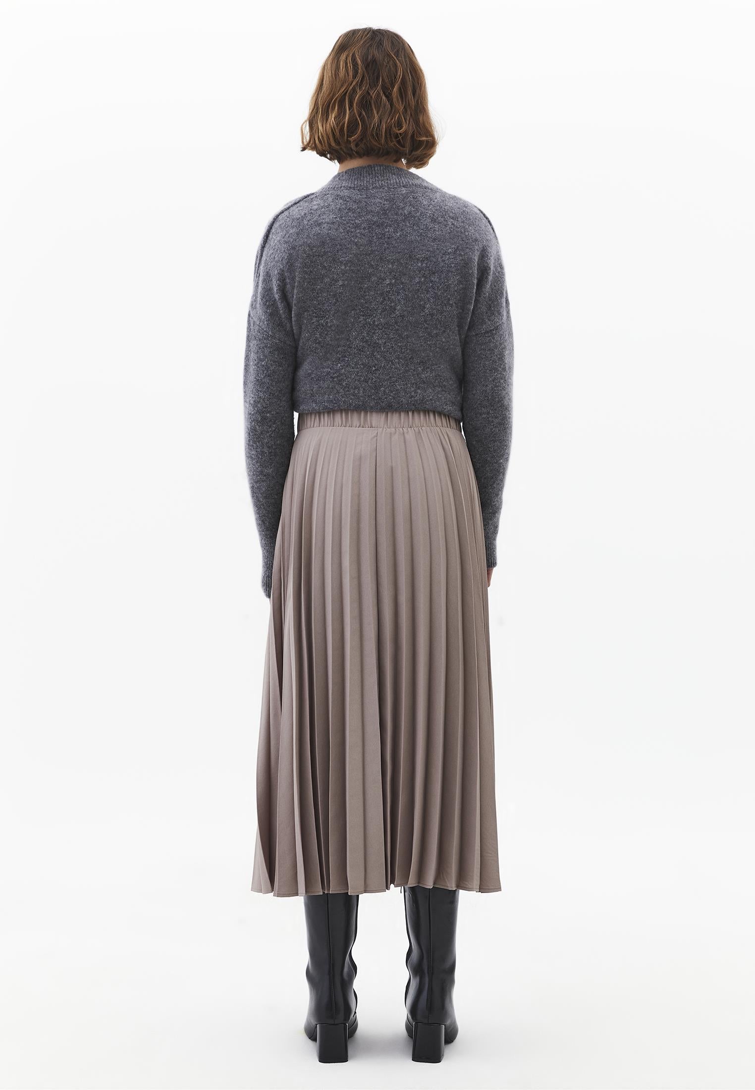 Elastic Waist Pleated Long A-Line Skirt - MOON ROCK