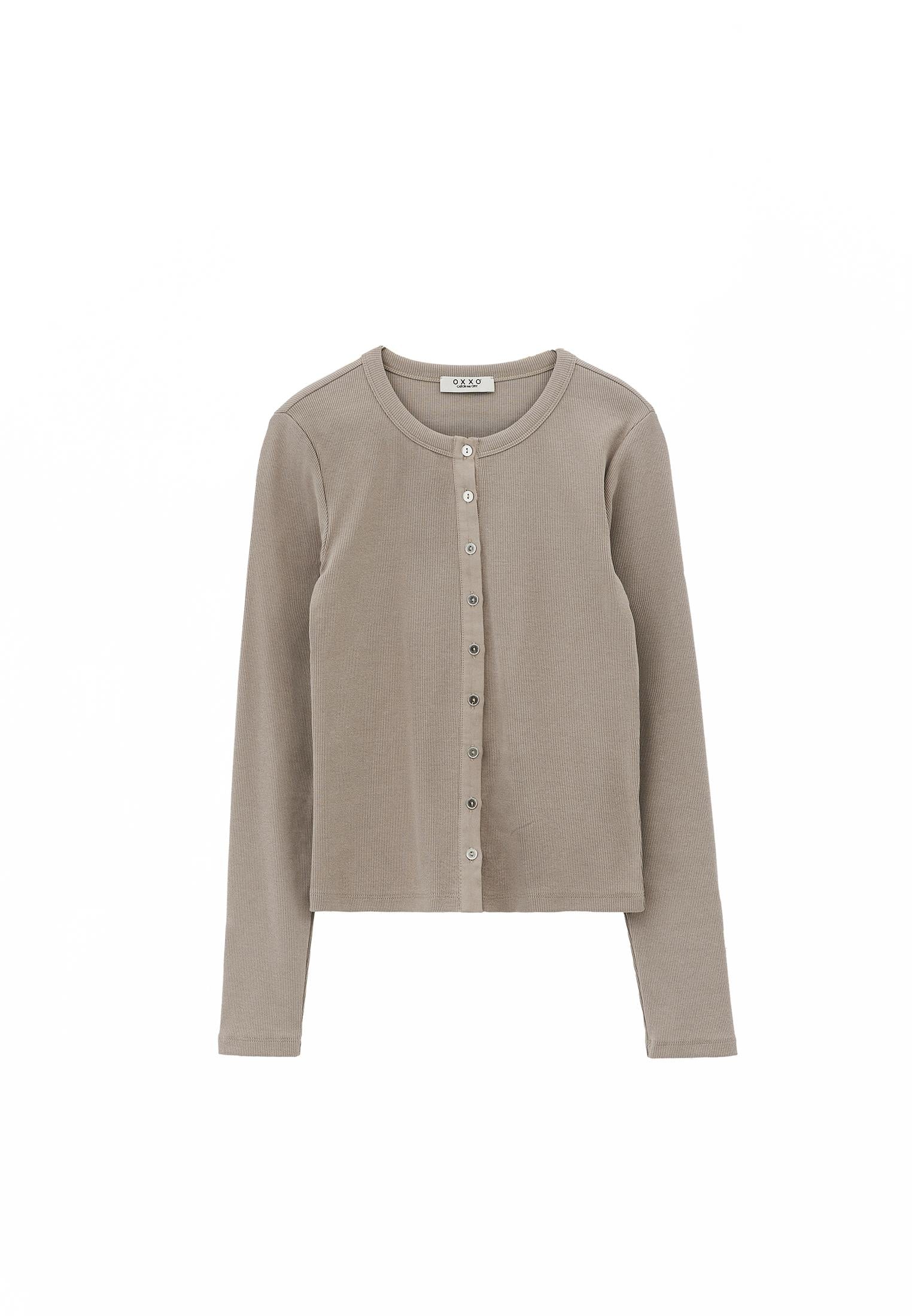 Button Detailed Crew Neck Long Sleeve T-Shirt - MOON ROCK