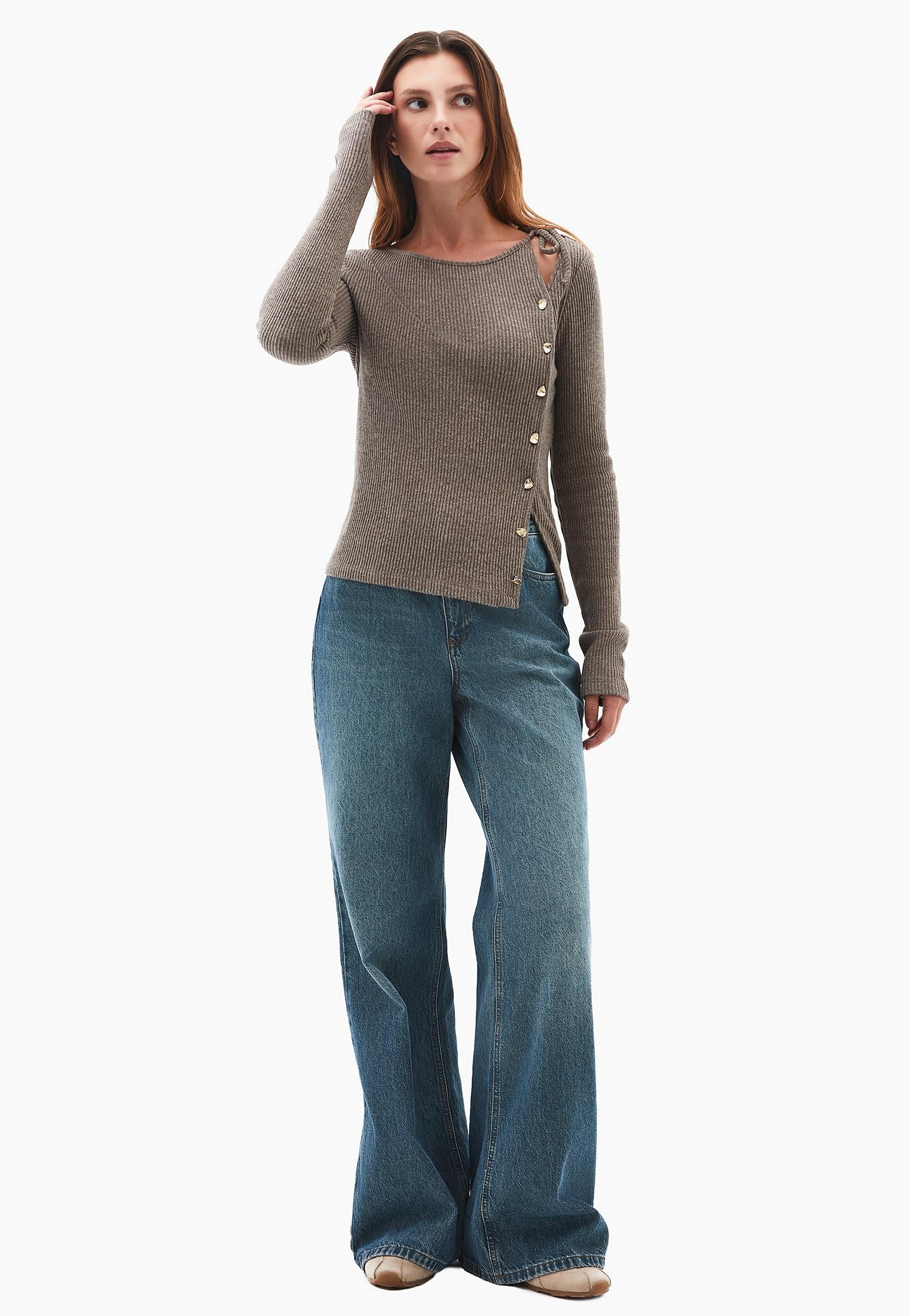 Boat Neck Long Sleeve Button Detailed Blouse - MOREL MELANGE