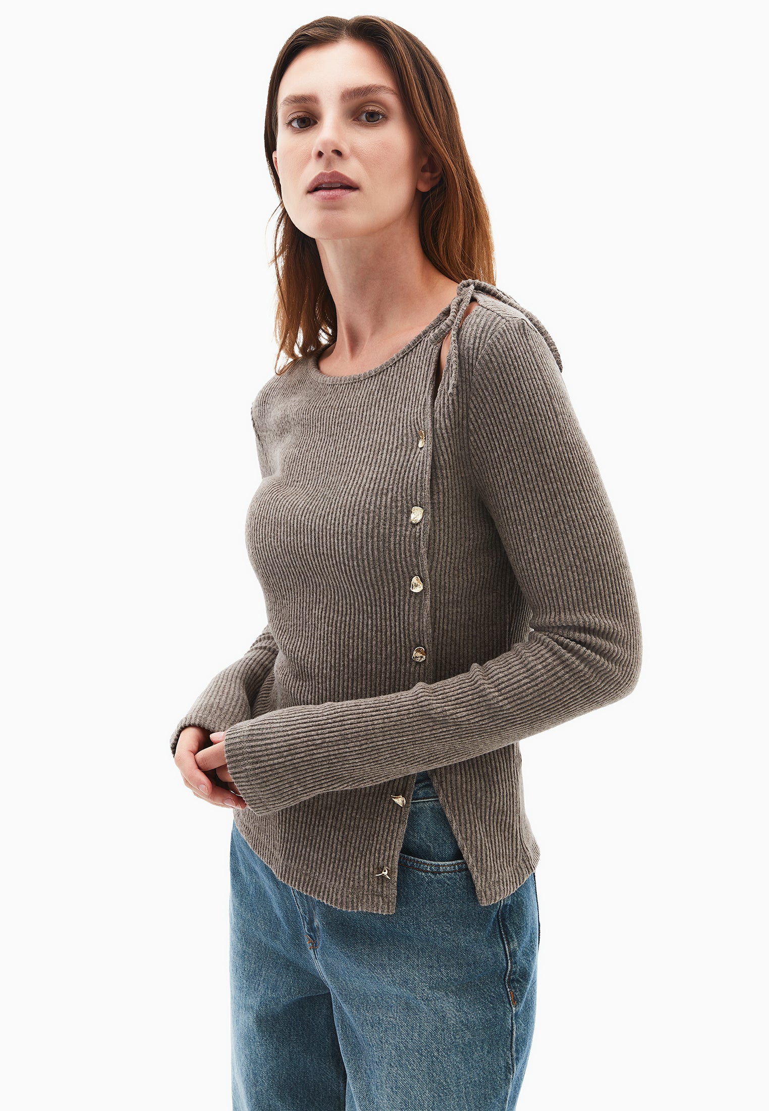 Boat Neck Long Sleeve Button Detailed Blouse - MOREL MELANGE