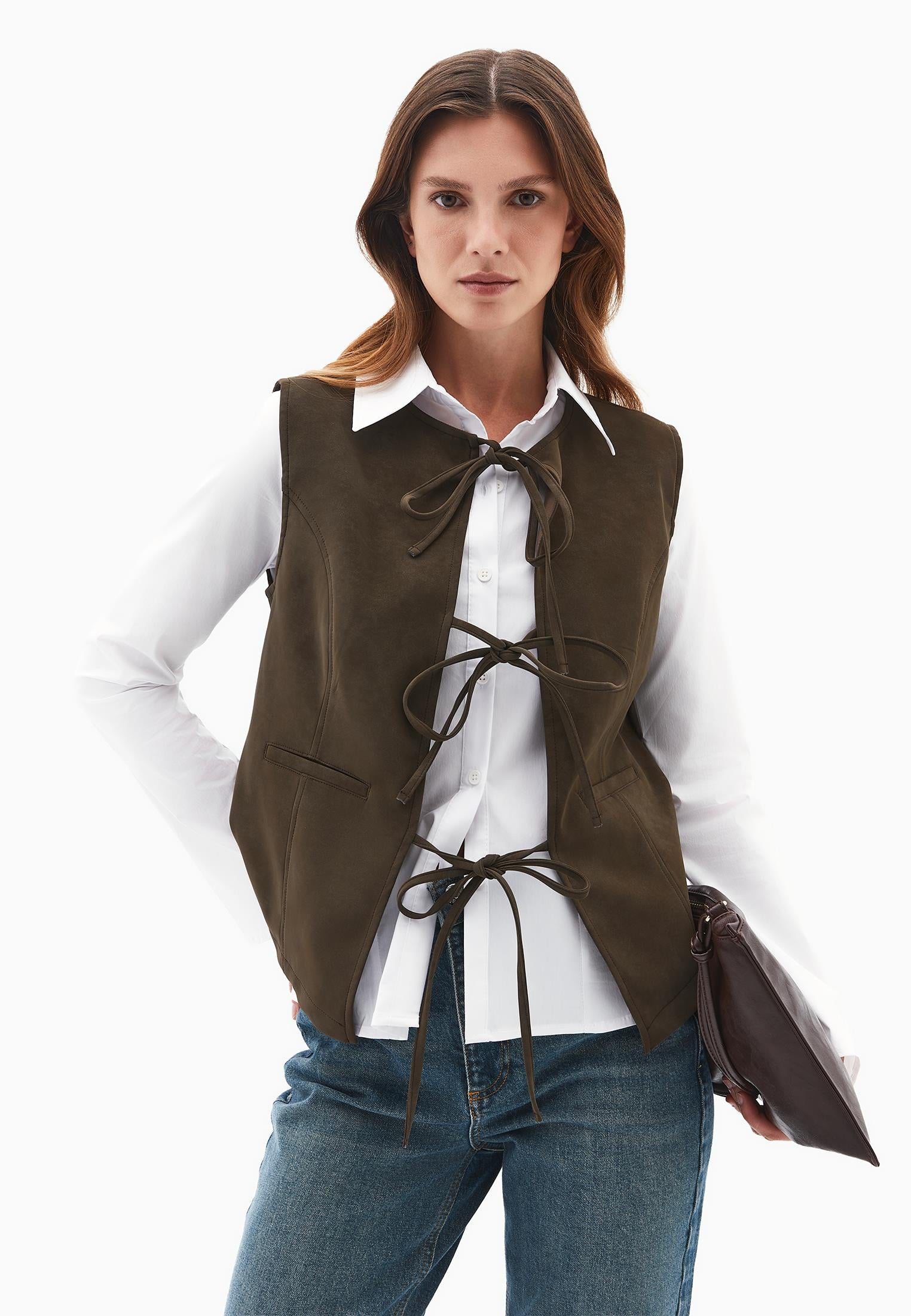 Tie Waist Suede Vest - MOREL
