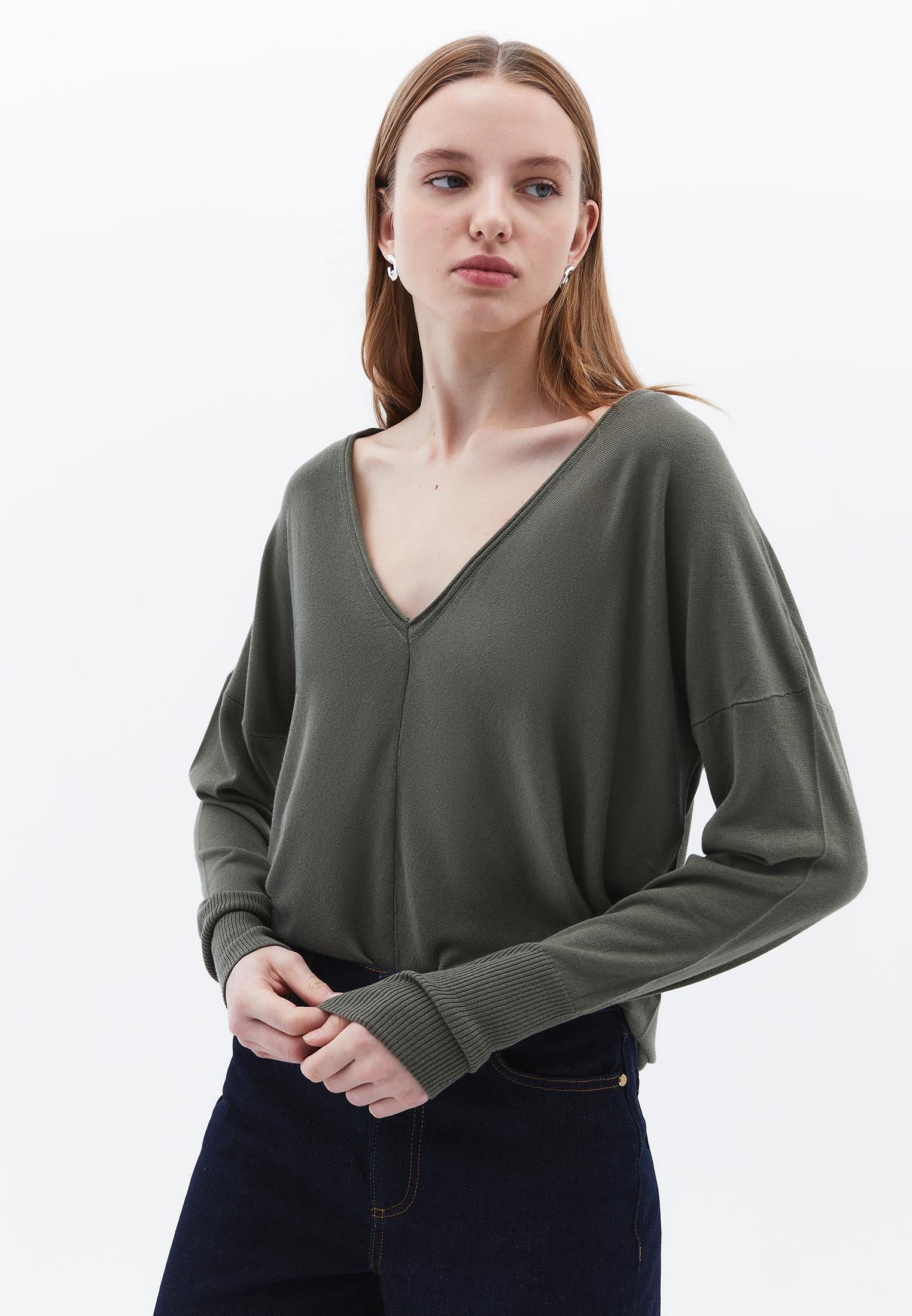 V Neck Long Sleeve Knitwear - MULLED BASIL