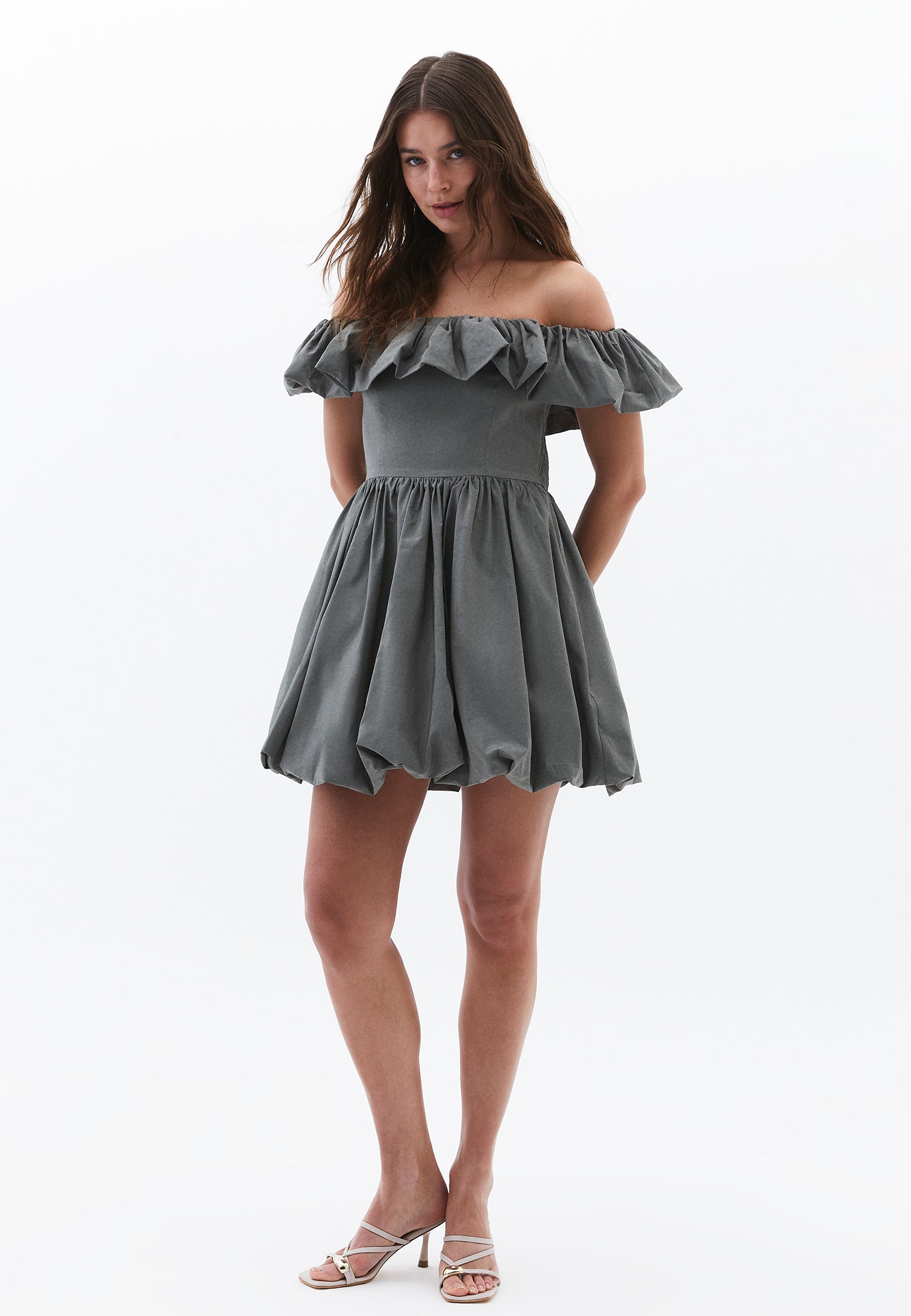 Balloon Mini Dress with Dropped Shoulders - MULLED BASIL