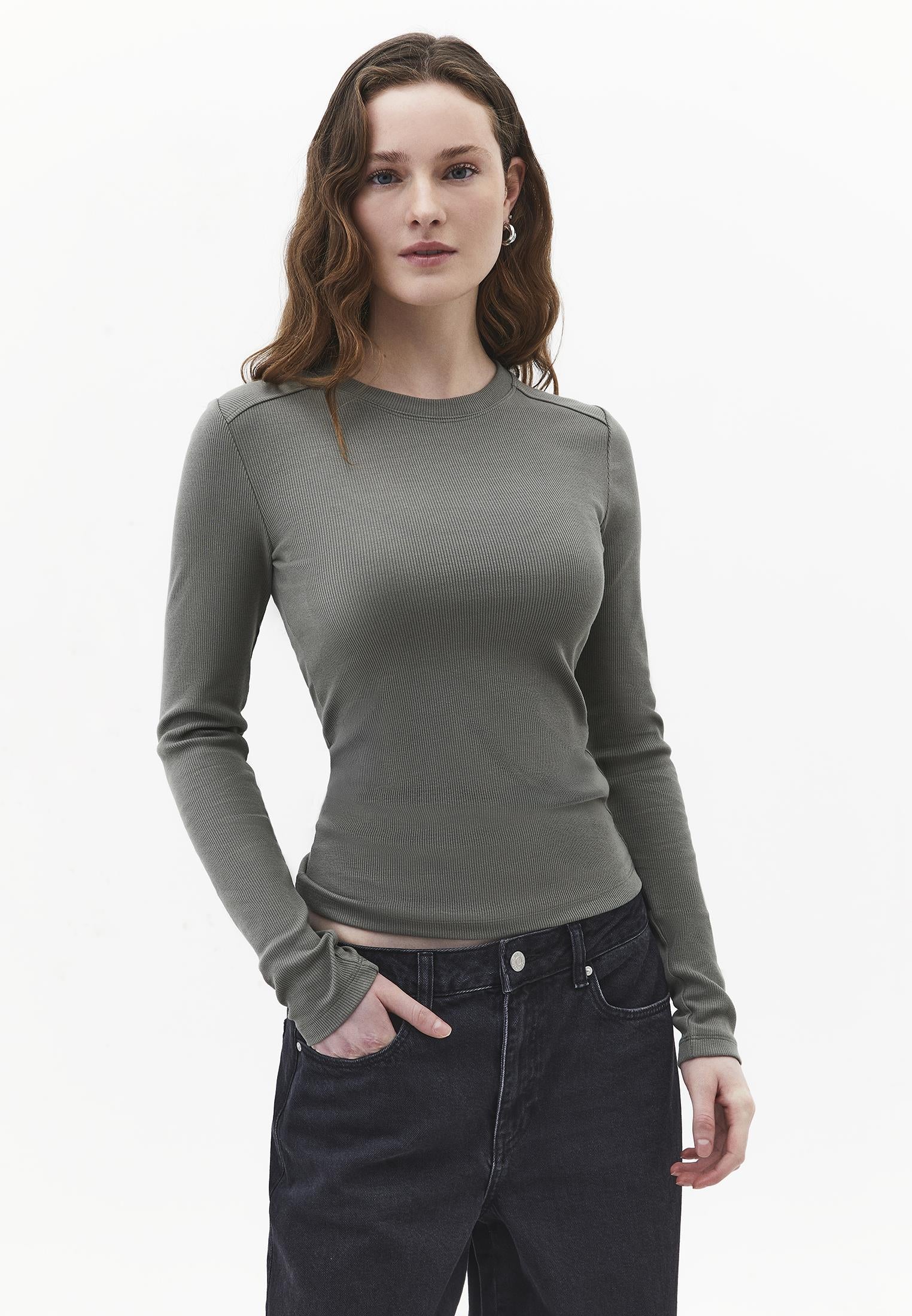 Crew Neck Long Sleeve Bodycon T-Shirt - MULLED BASIL