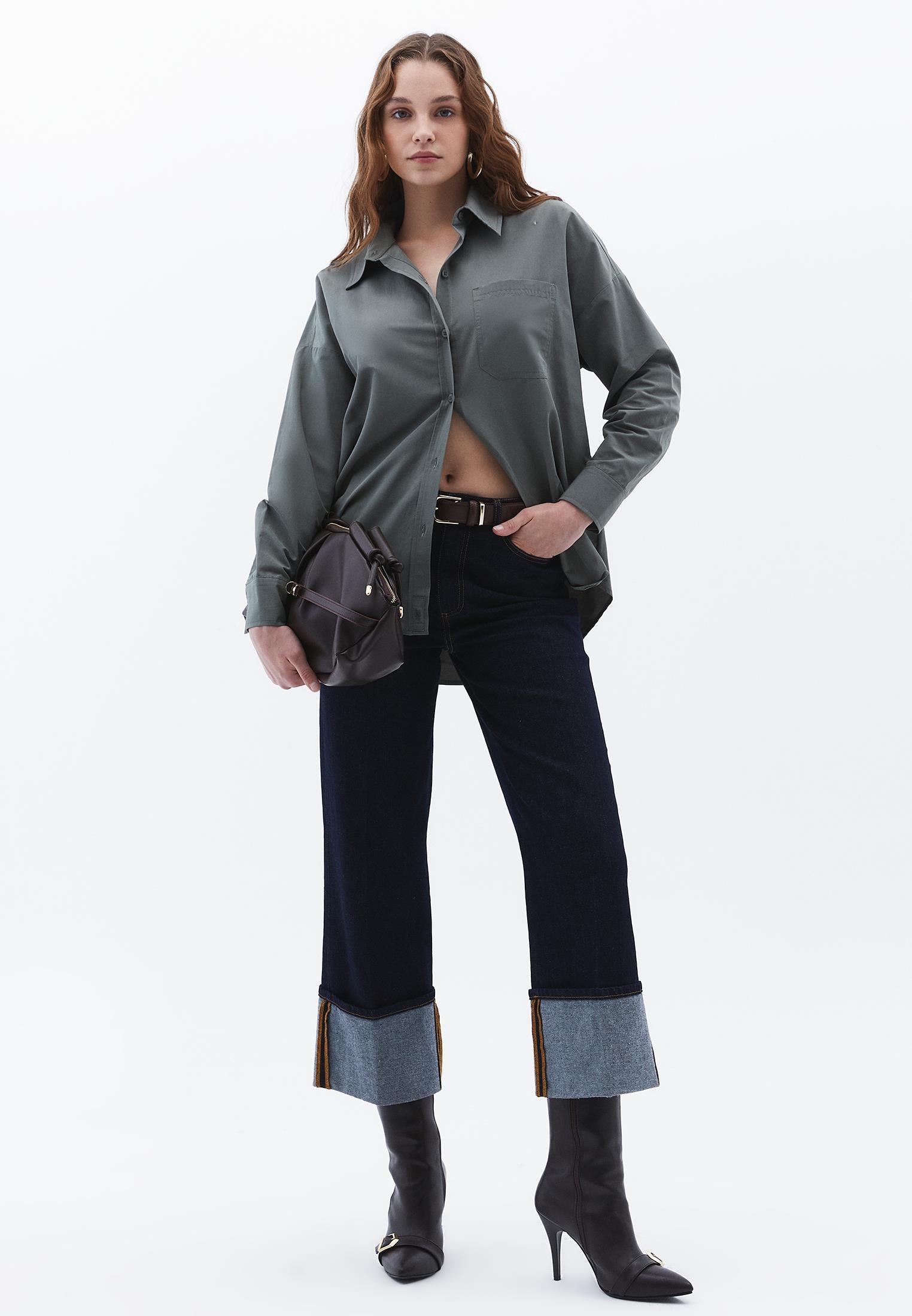 Oversize Long Sleeve Printed Shirt - MULLED BASIL