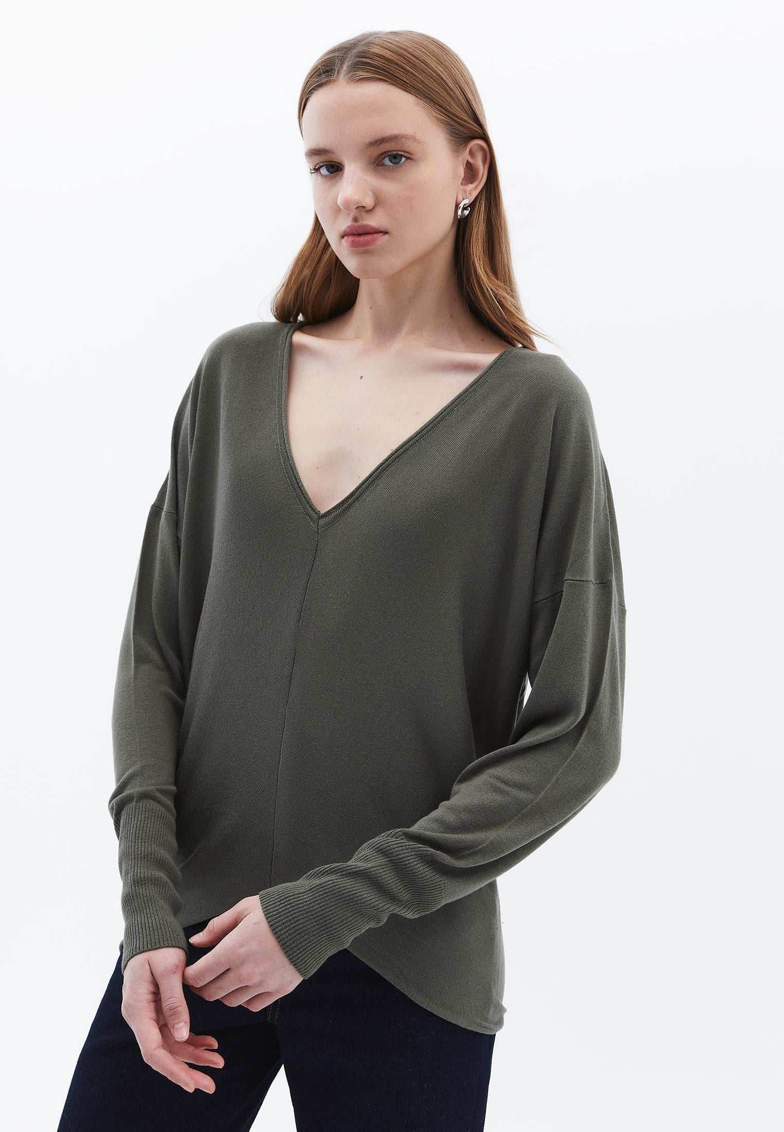 V Neck Long Sleeve Knitwear - MULLED BASIL