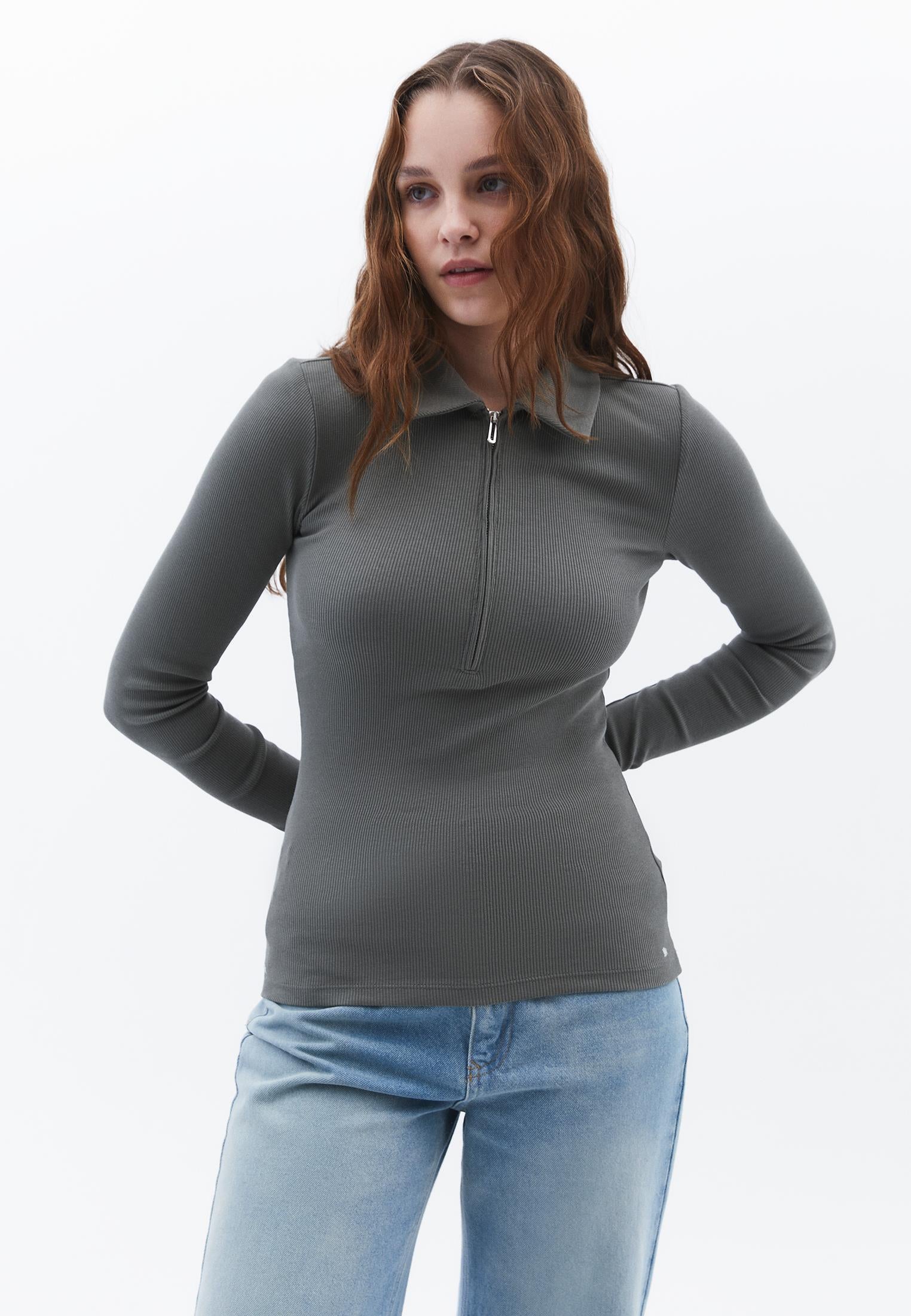 Long Sleeve Polo Collar Zipper Detail T-Shirt - MULLED BASIL