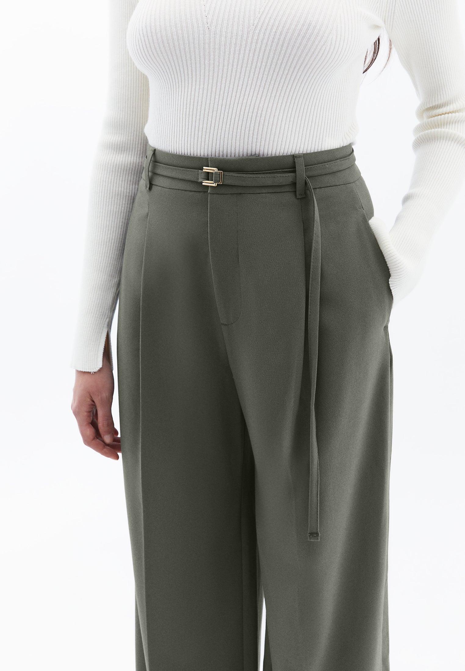 Straight Pants With Belt Detail - MULLED BASIL
