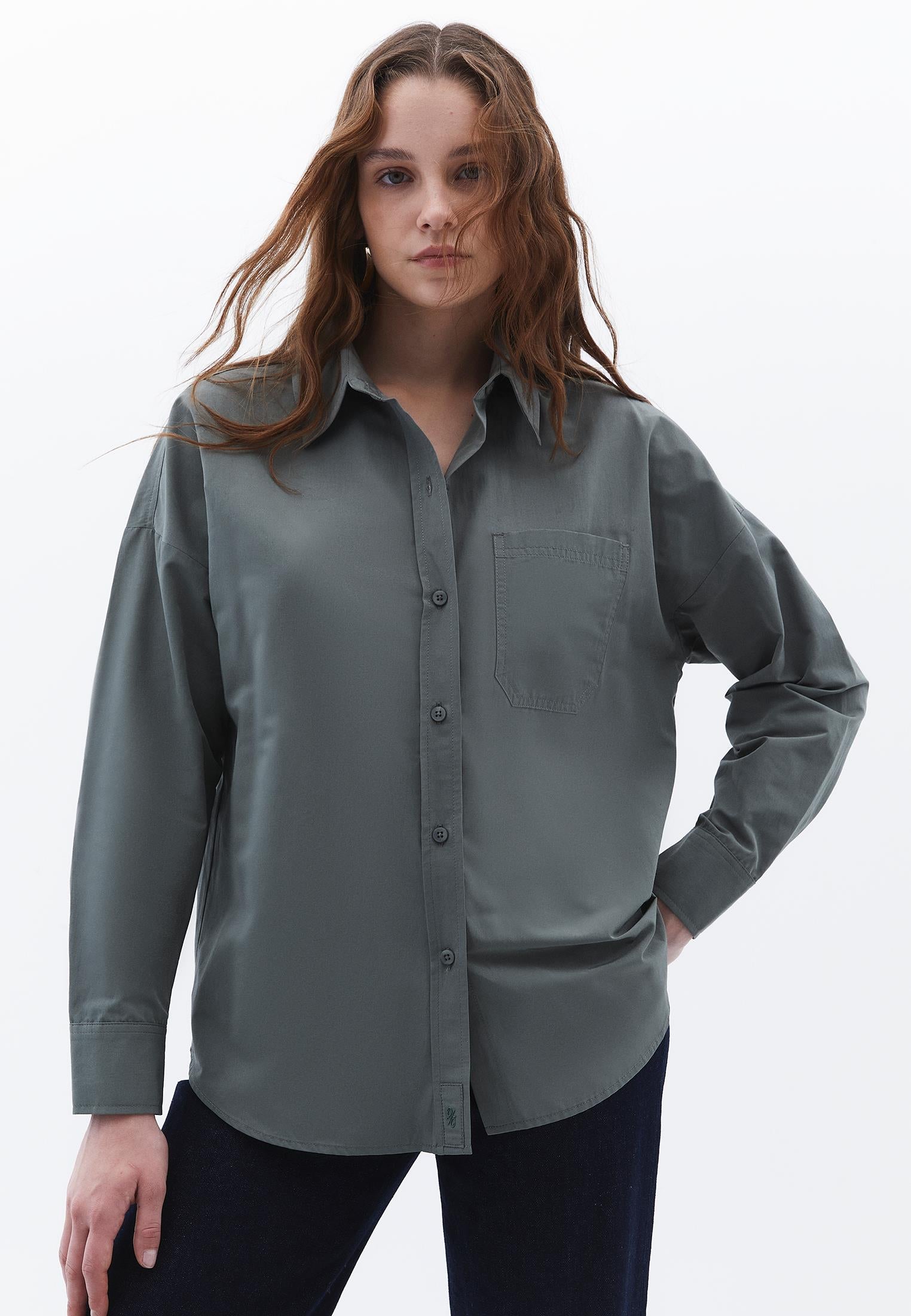 Oversize Long Sleeve Printed Shirt - MULLED BASIL