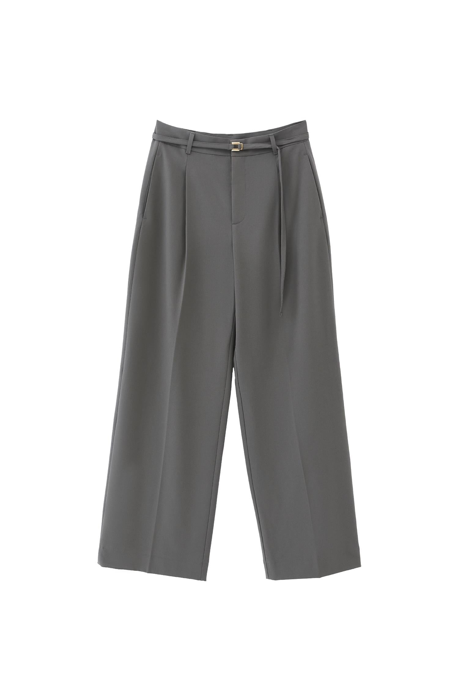 Straight Pants With Belt Detail - MULLED BASIL