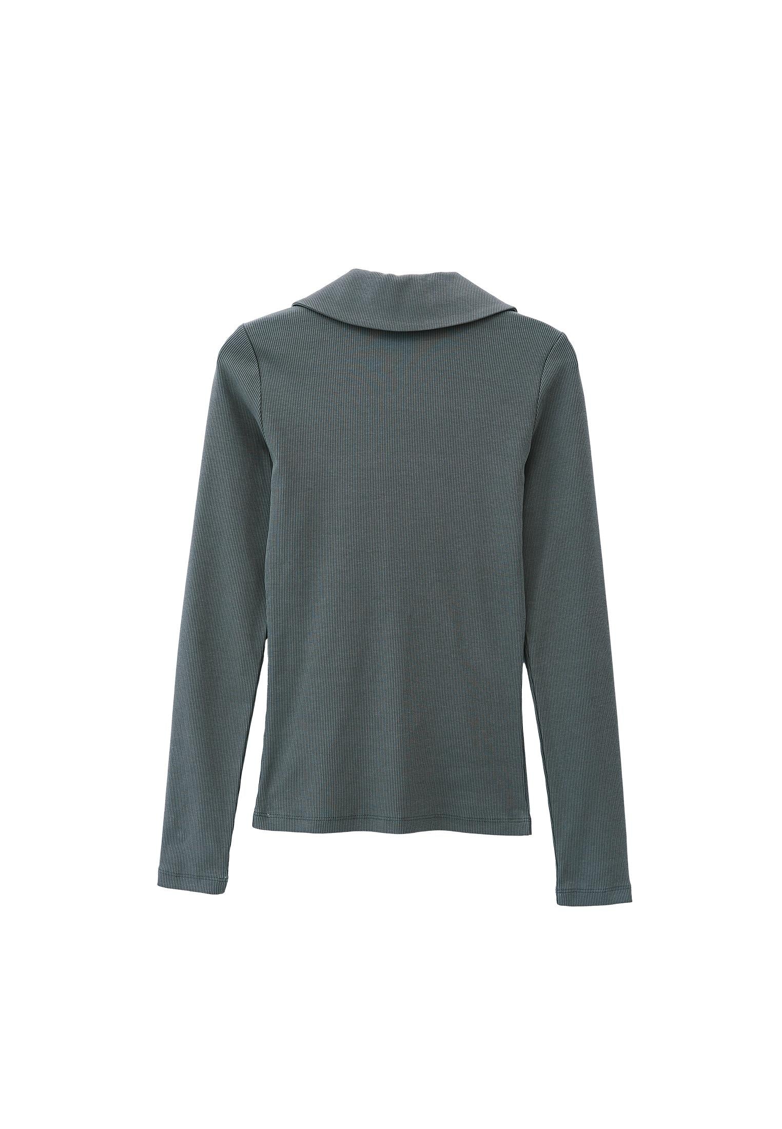 Long Sleeve Polo Collar Zipper Detail T-Shirt - MULLED BASIL