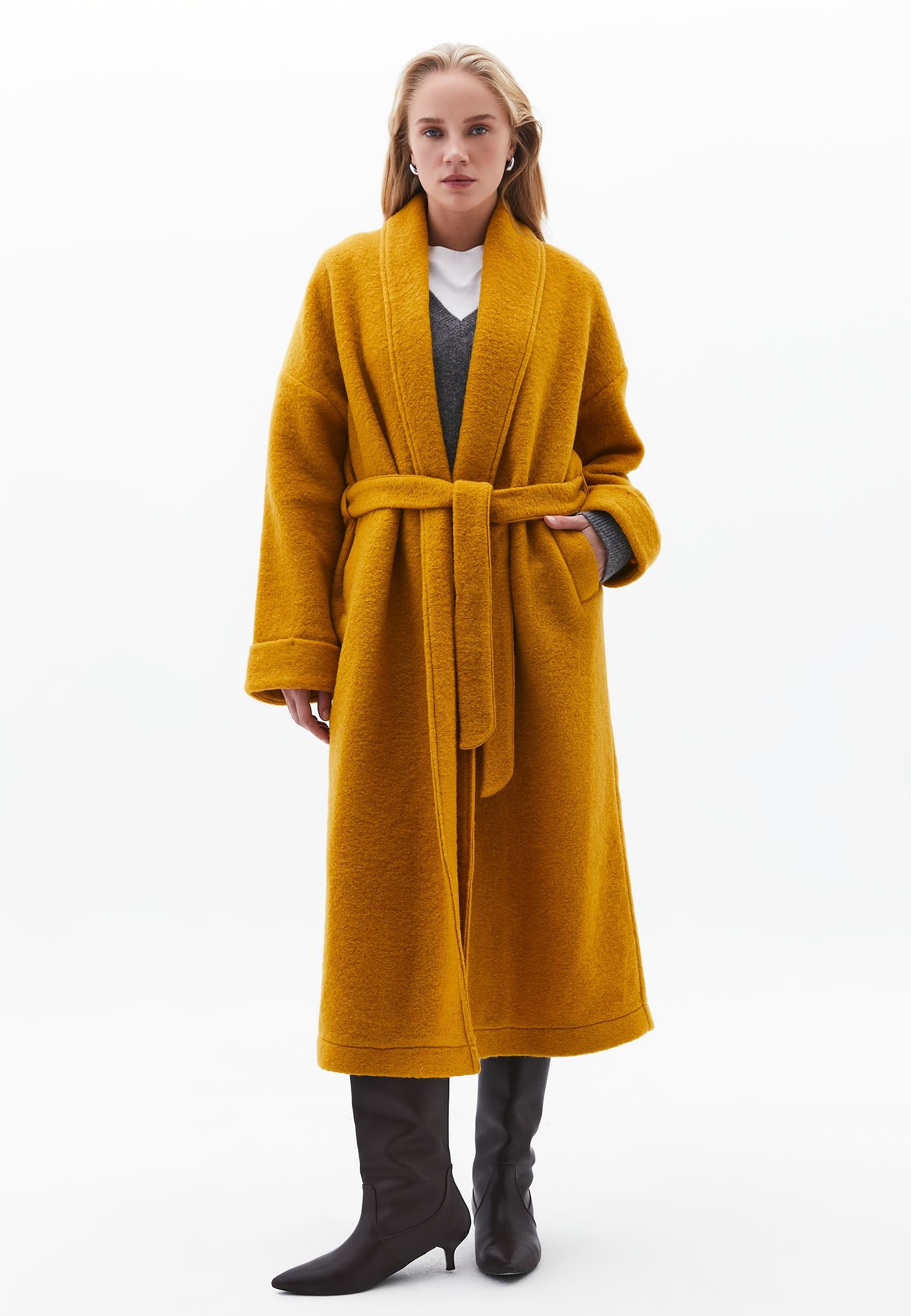 Long Coat With Shawl Collar And Belt Detail - NARCISSUS