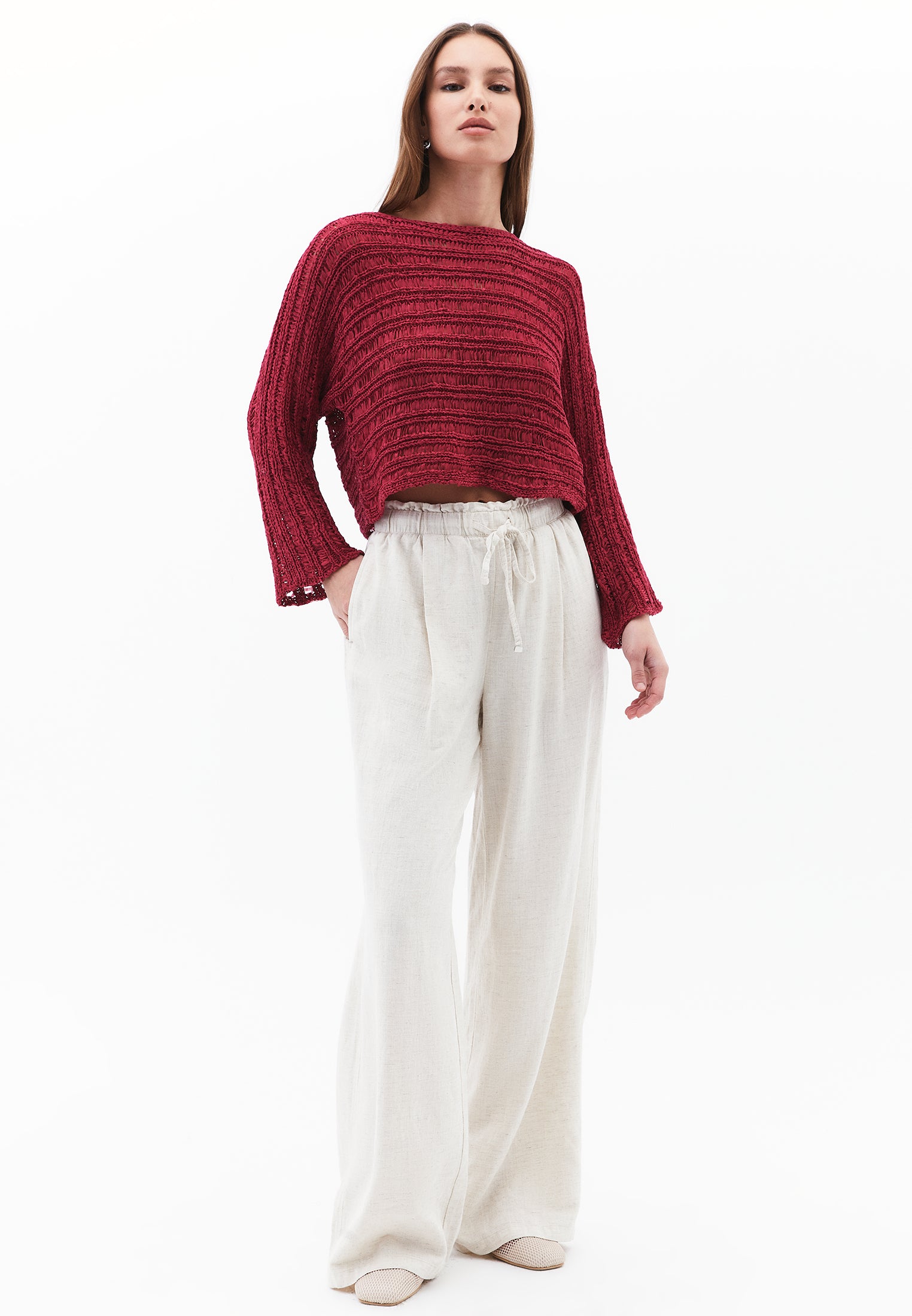 High Waist Wide Leg Pants - NATURAL