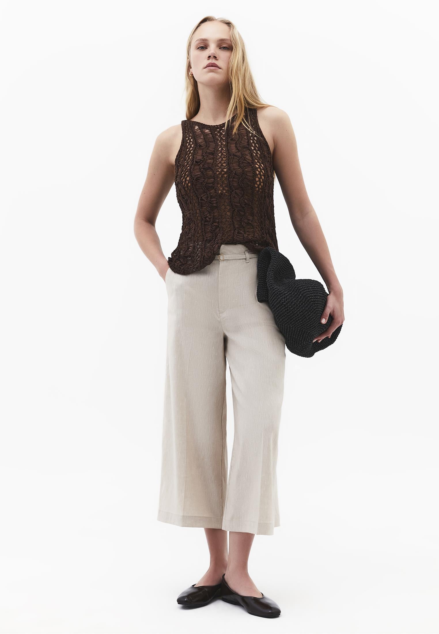 High Waist Wide Leg Belted Pants - NATURAL