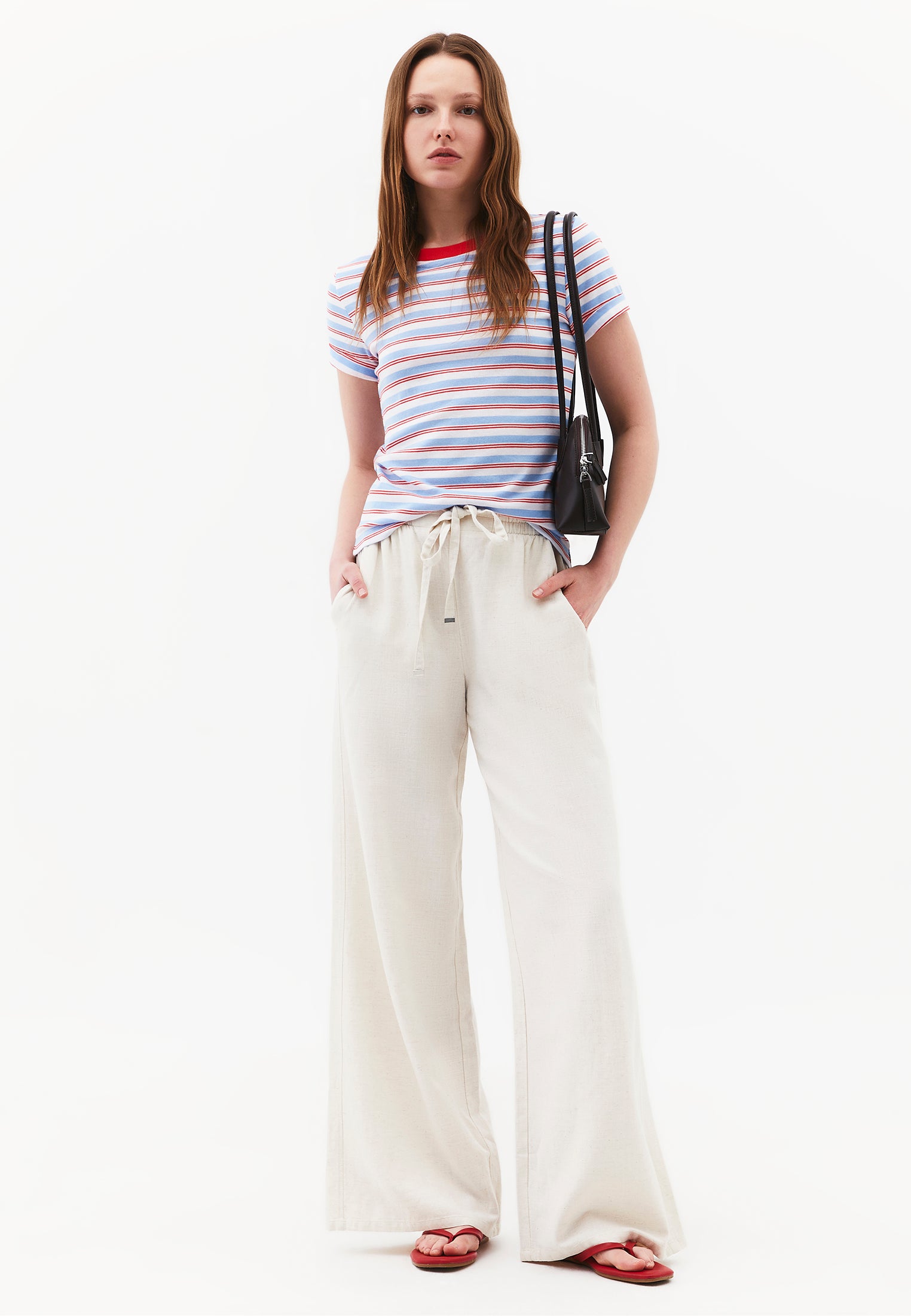 High Waist Wide Leg Elastic Waist Pants - NATURAL
