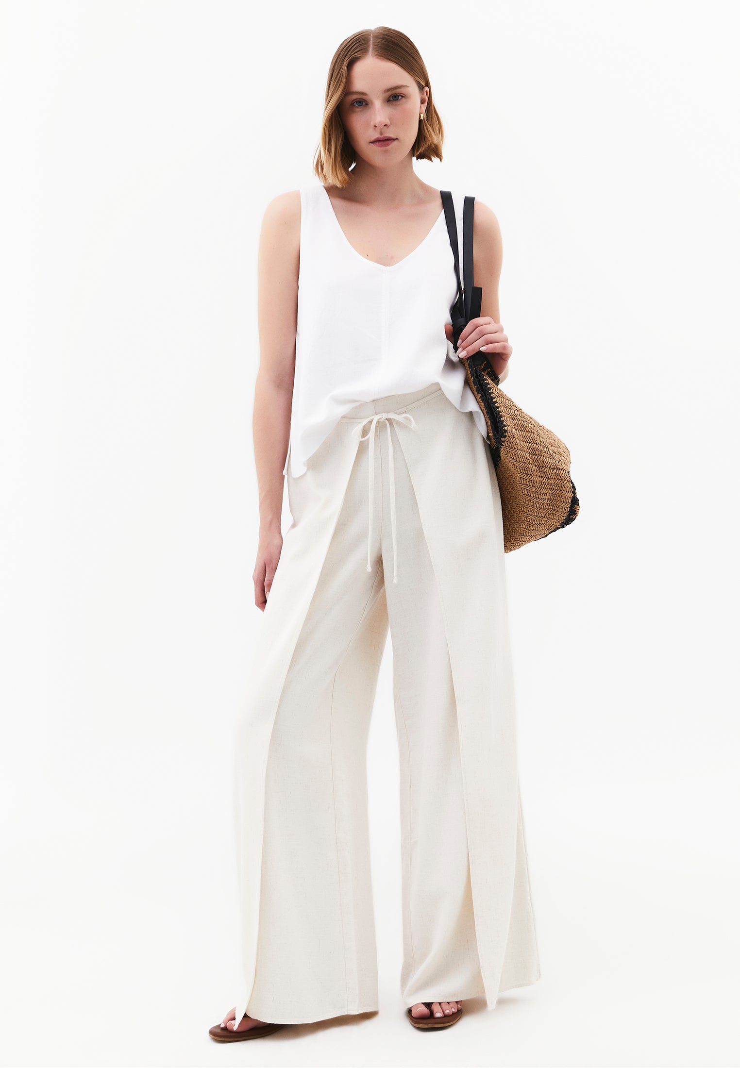 Wide Leg Tied Pants - NATURAL
