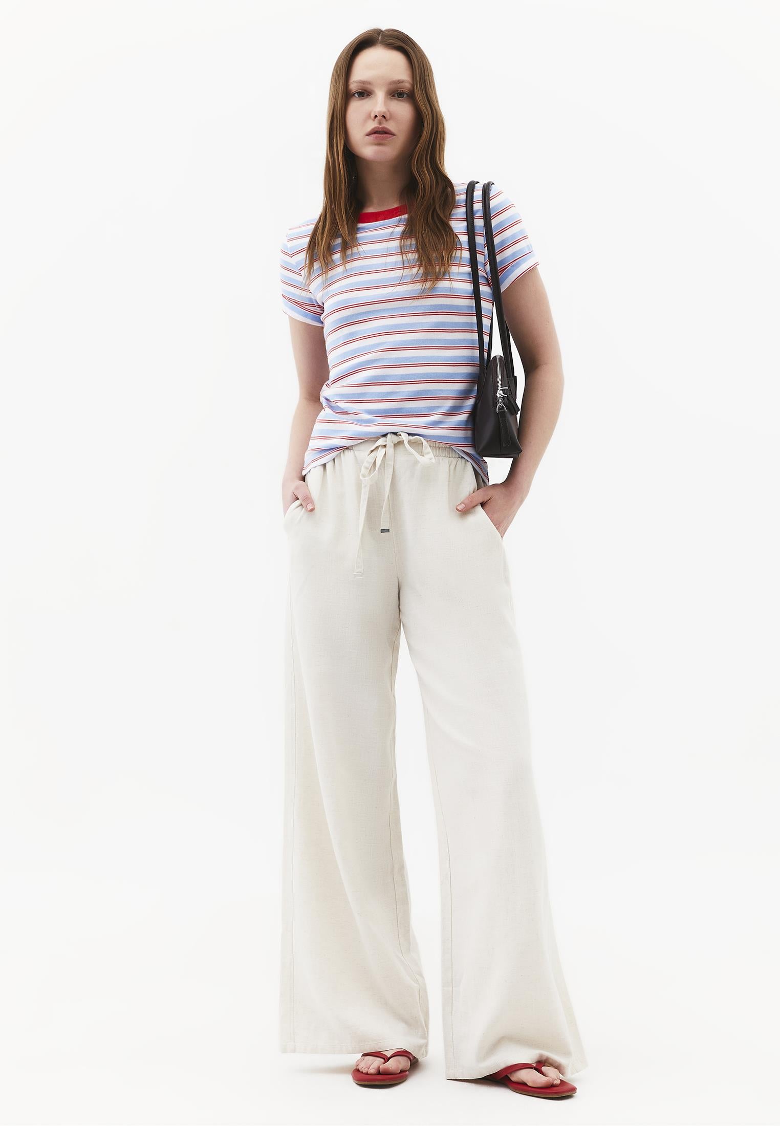 High Waist Wide Leg Elastic Waist Pants - NATURAL