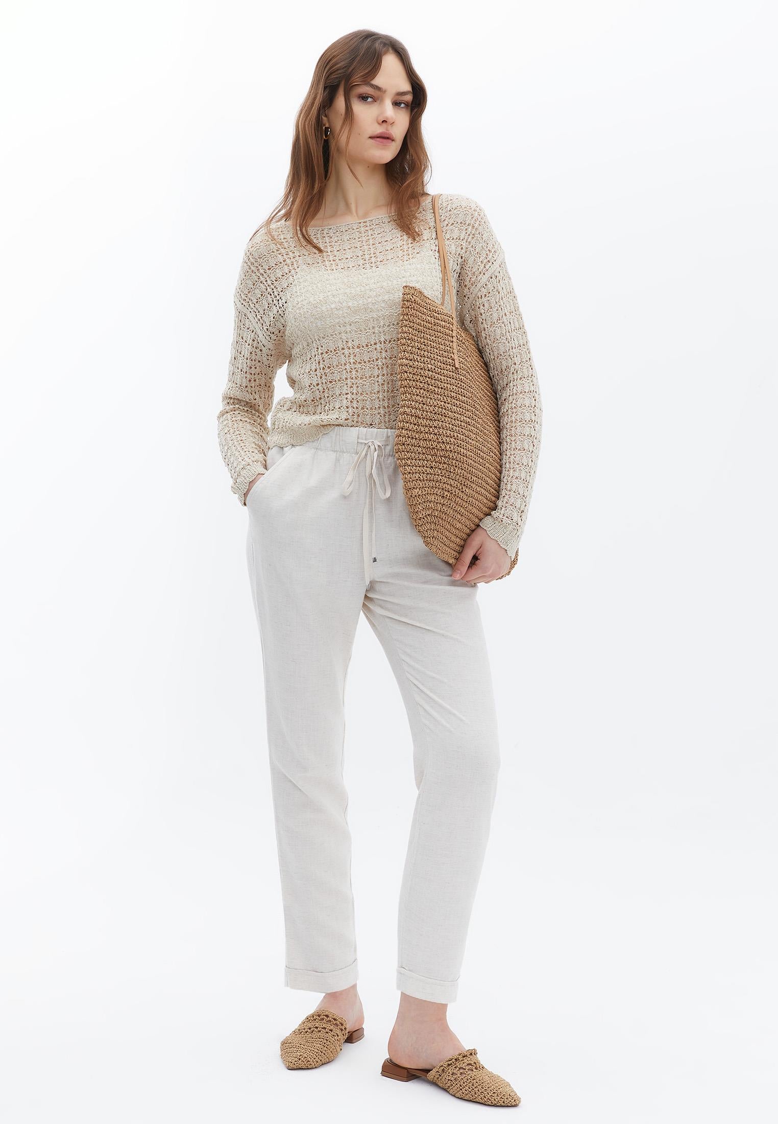 High Waist Elastic Carrot Pants - NATURAL