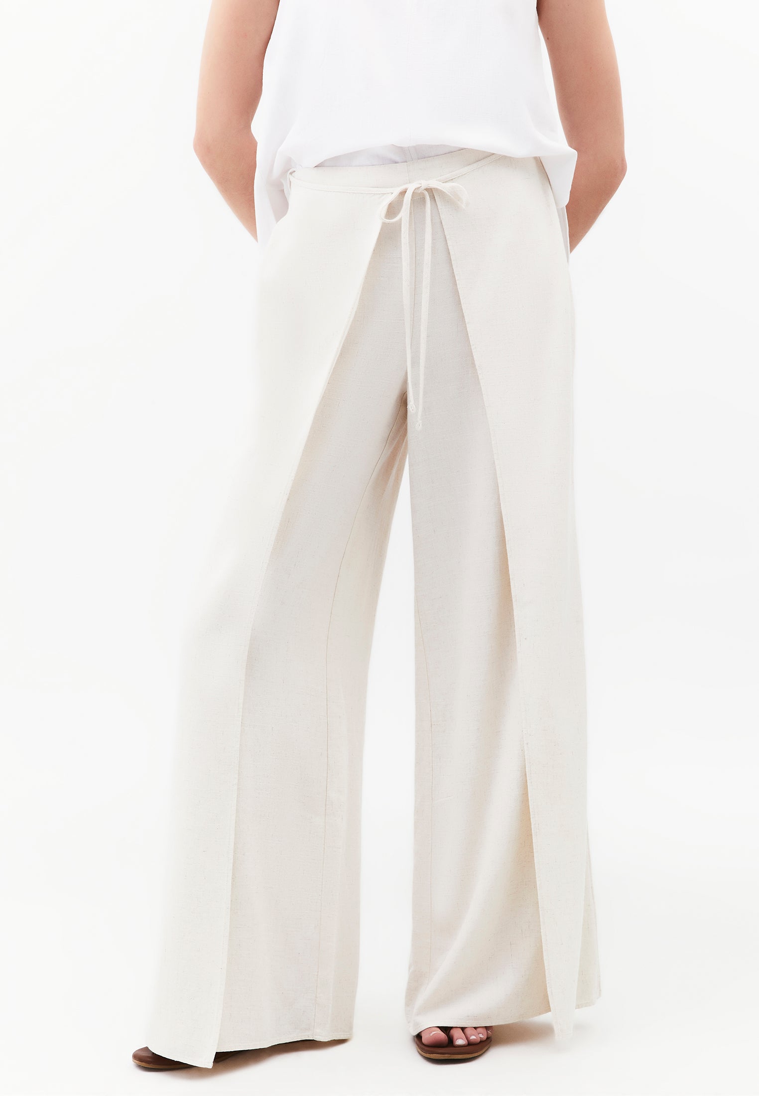 Wide Leg Tied Pants - NATURAL